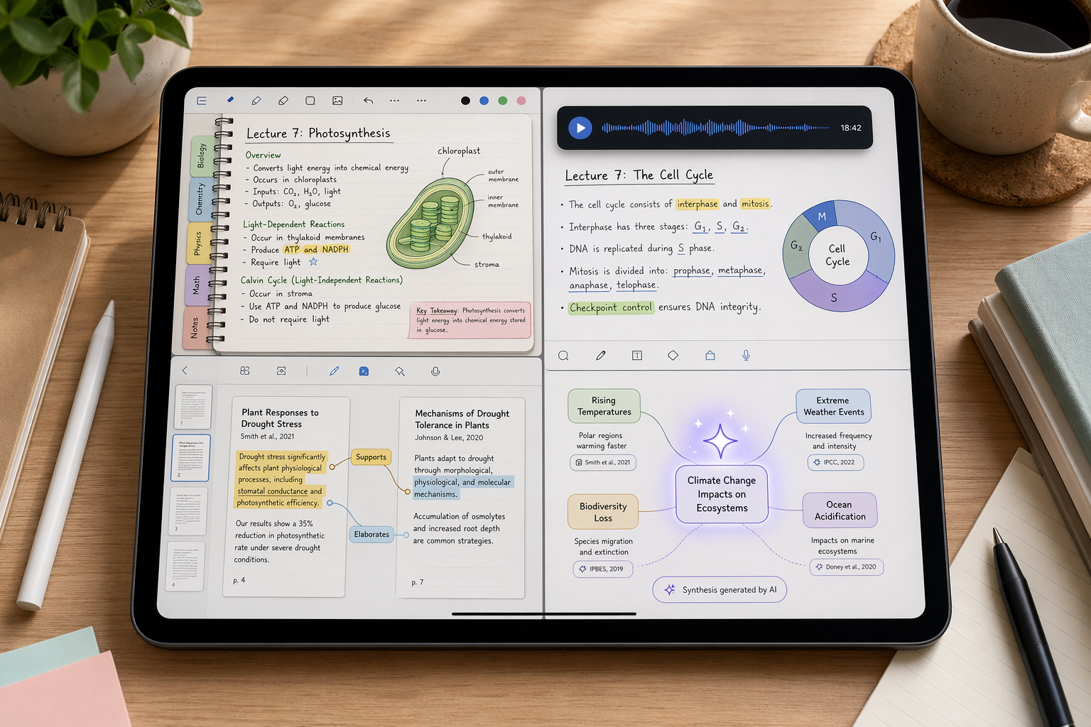 iPad showing handwriting, lecture audio, PDF research, and AI mind map note-taking workflows