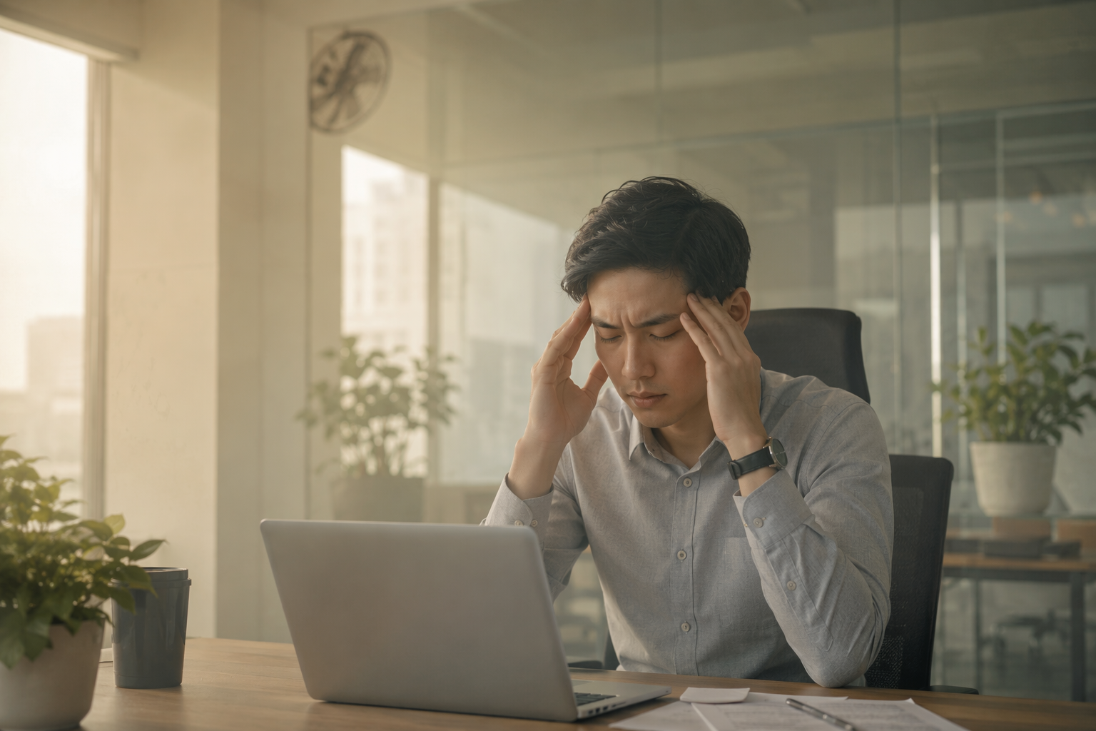 A fatigued knowledge worker rubbing their temples in a warm, hazy modern office