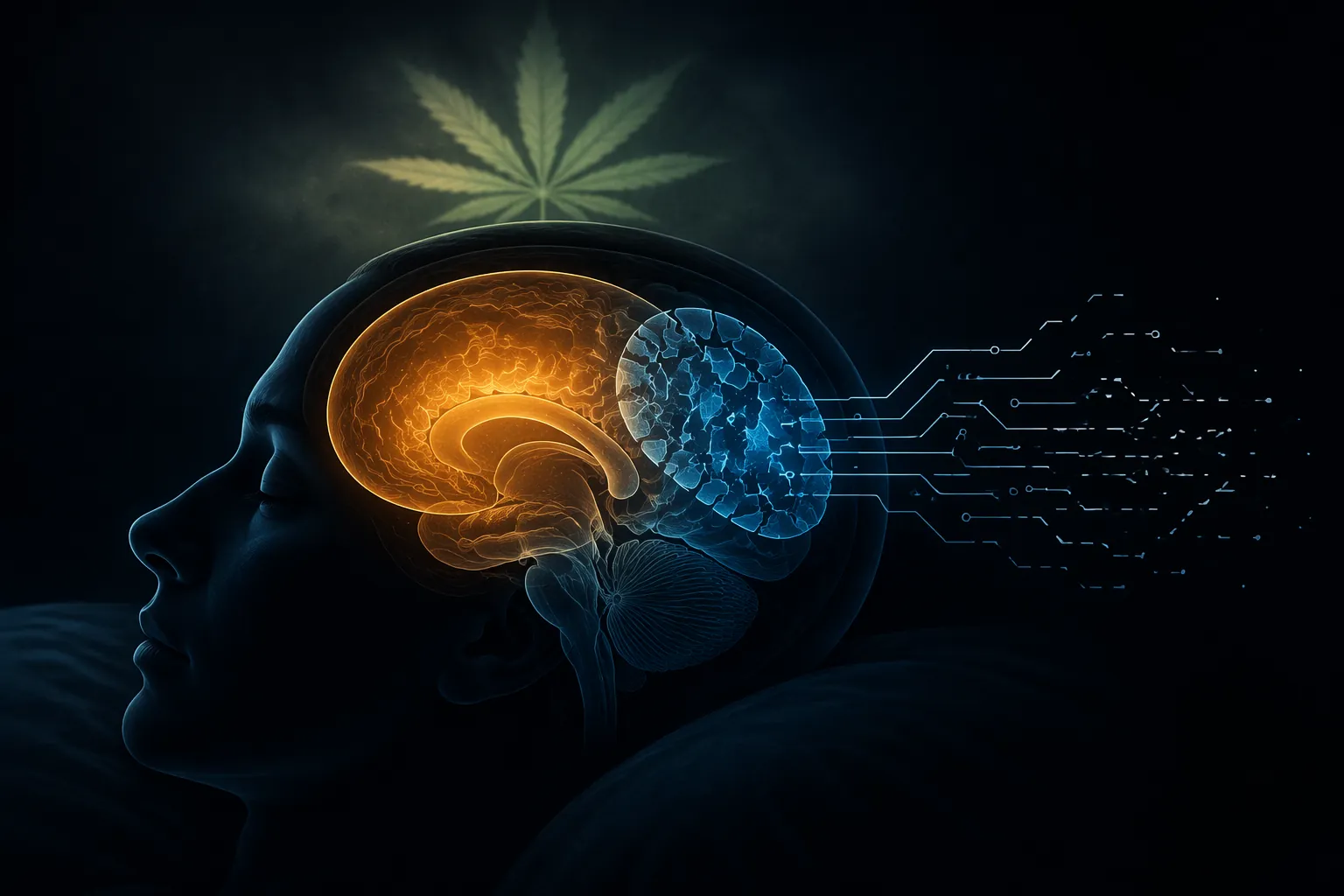 Sleeping profile with a glowing brain showing expanded deep sleep and fragmented REM under a cannabis leaf shadow