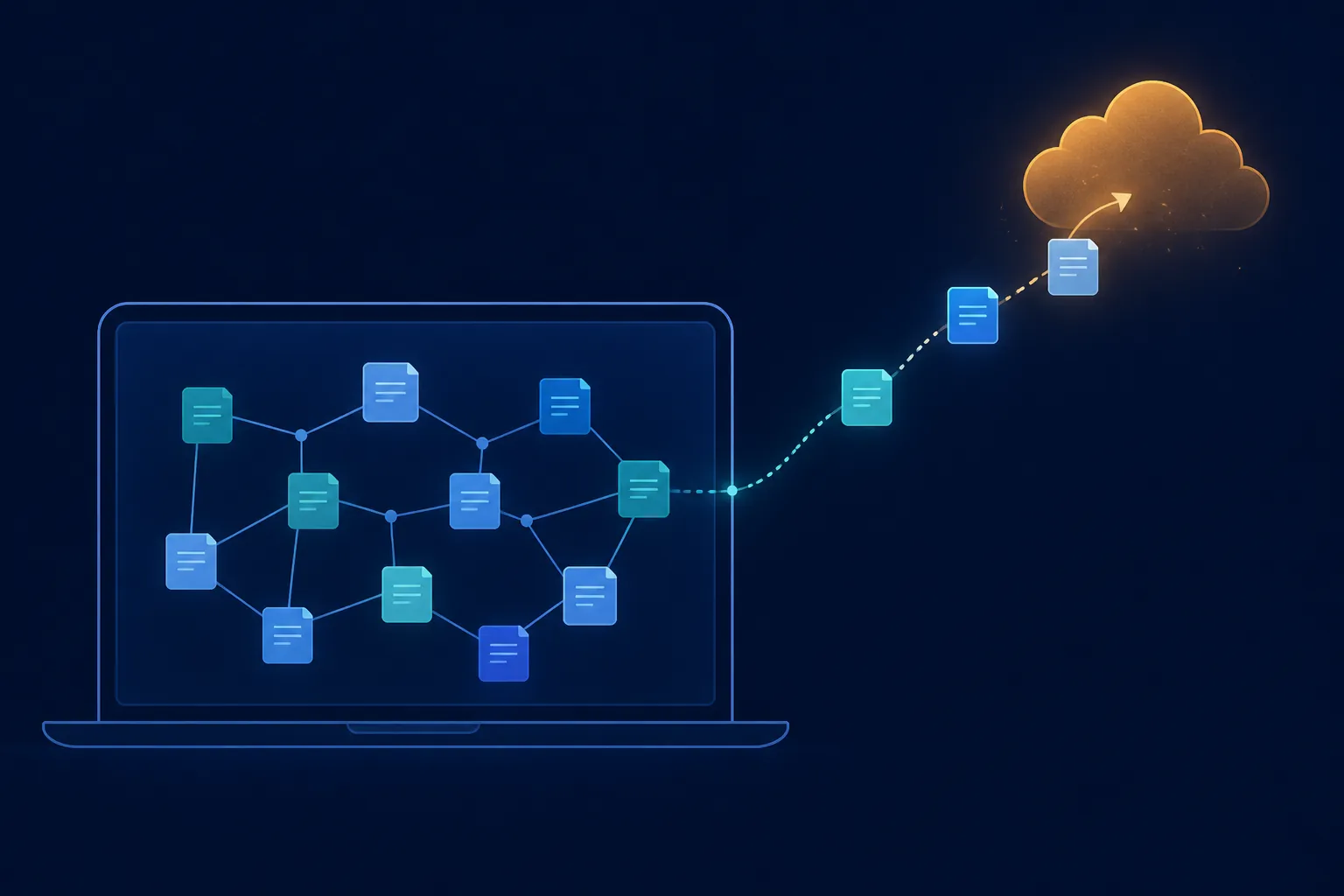 A local knowledge graph in a laptop with several note nodes traveling toward an external cloud