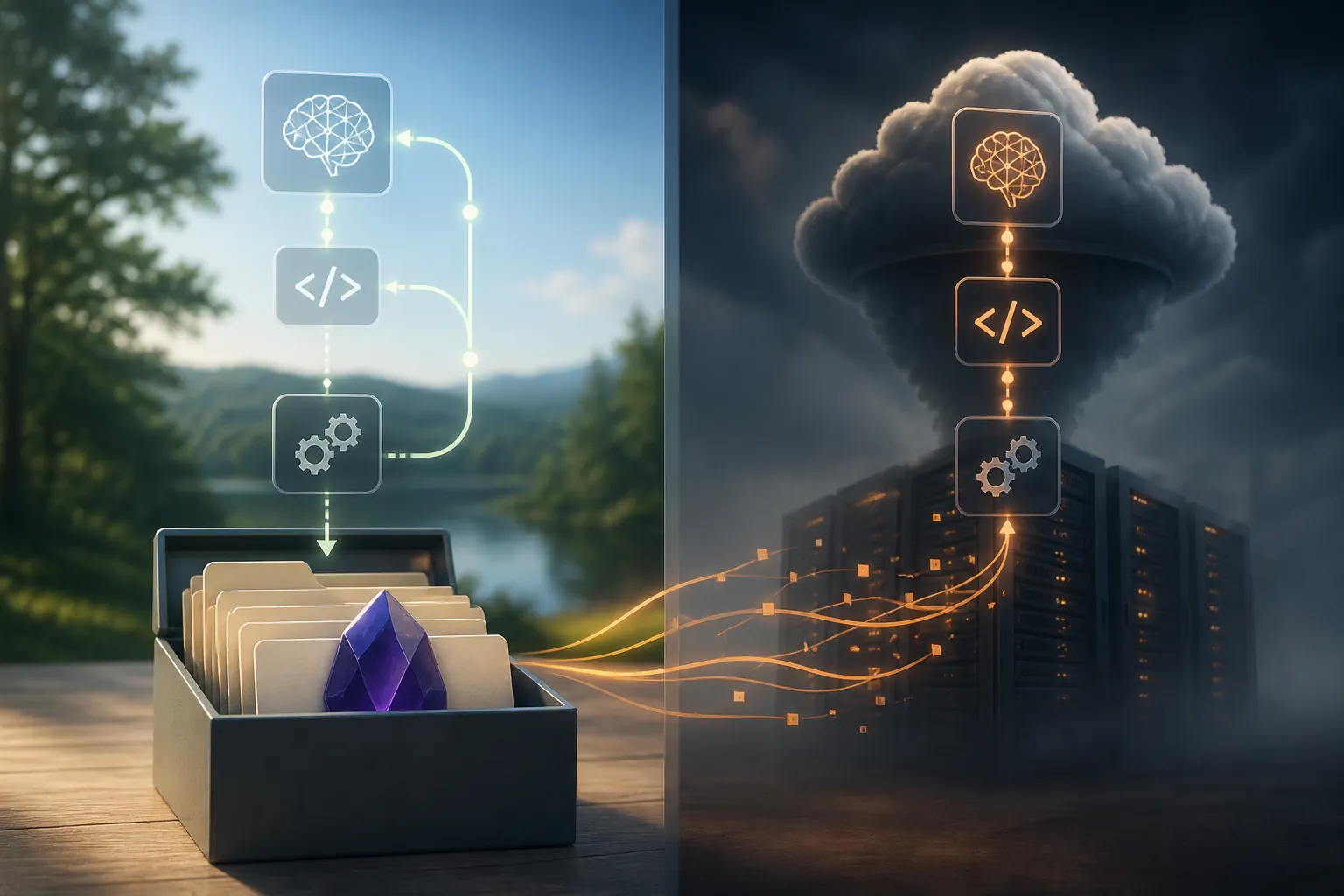 Conceptual illustration: Illustration contrasting code staying in a local folder with code being sent to a cloud server