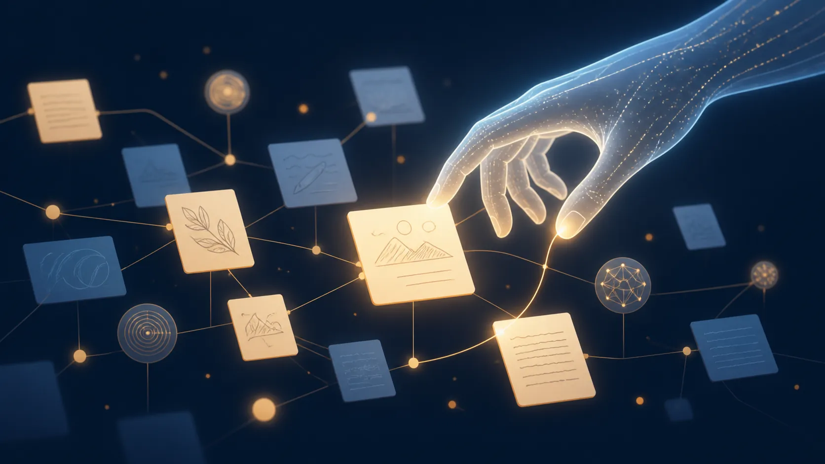 AI agent reaching into connected note cards and editing a knowledge network