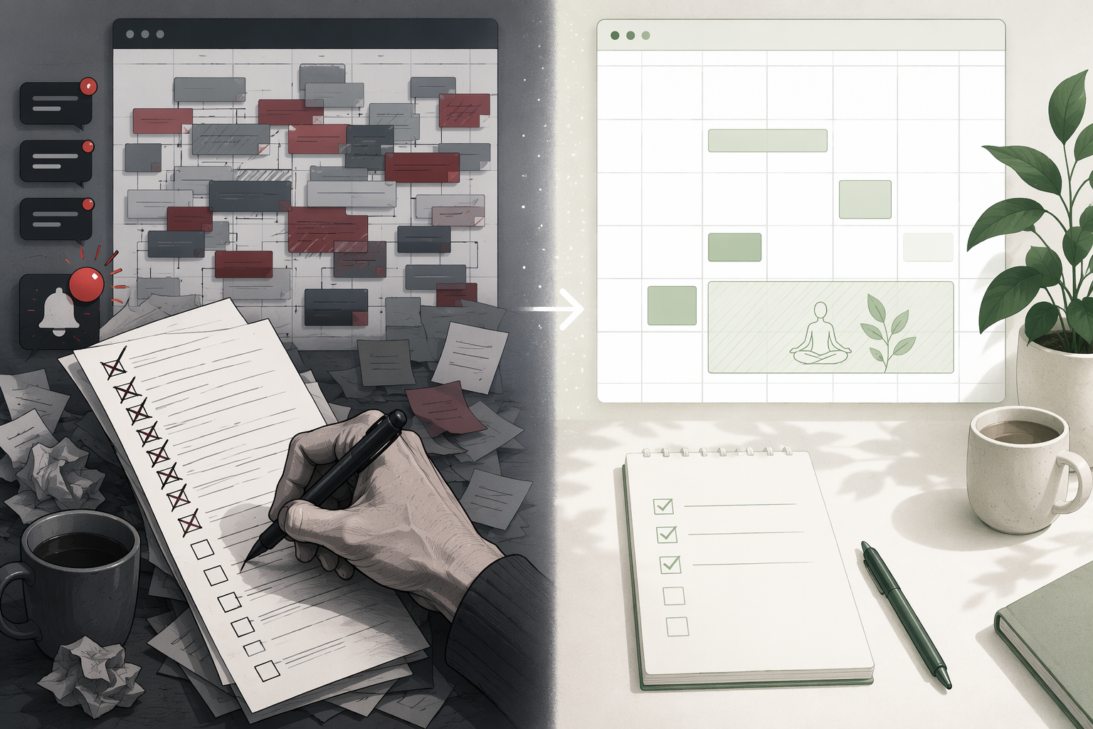 Split view of an overloaded productivity system beside a calmer redesigned calendar and task list
