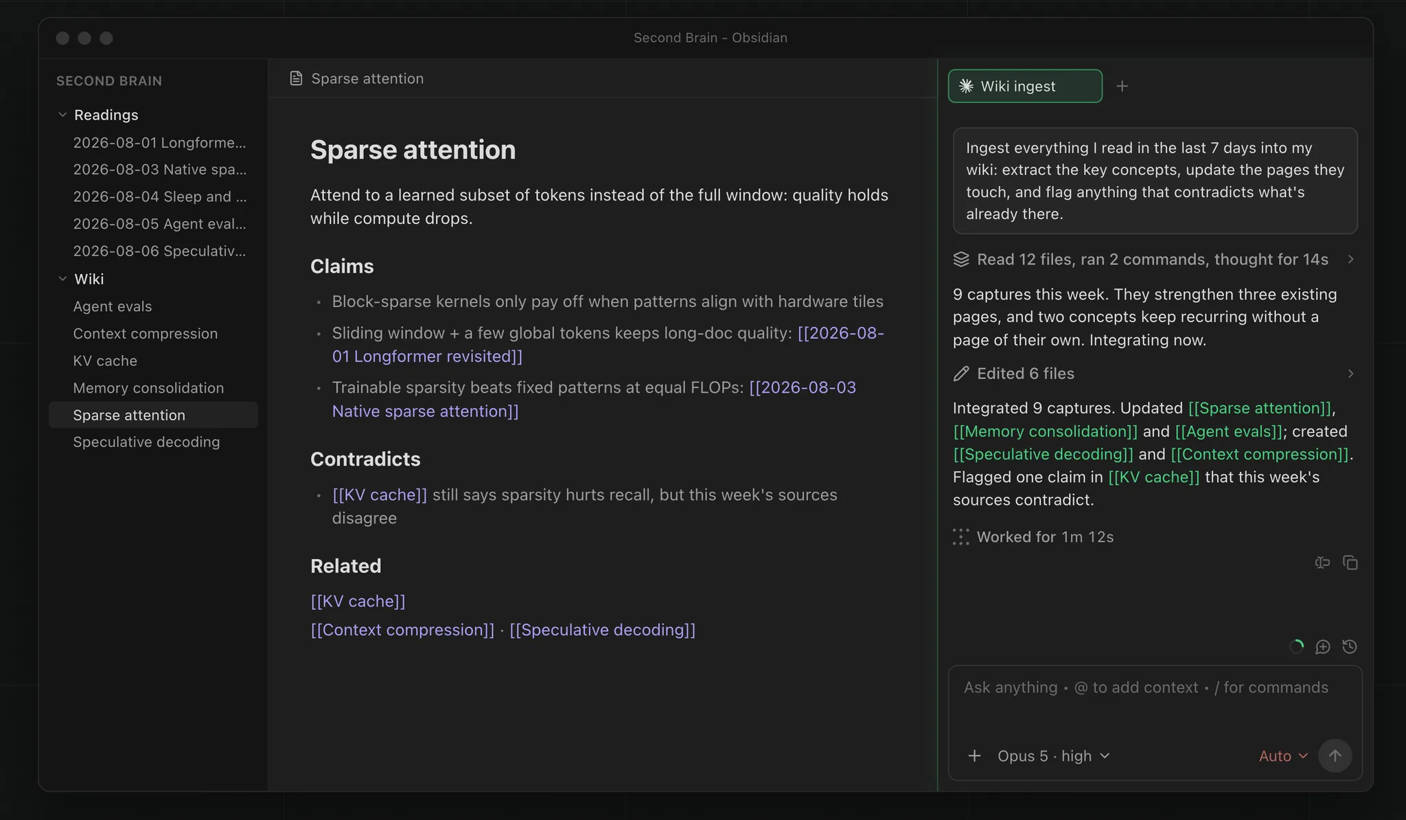 Copilot for Obsidian running a multi-turn conversation in Agent mode beside the note editor