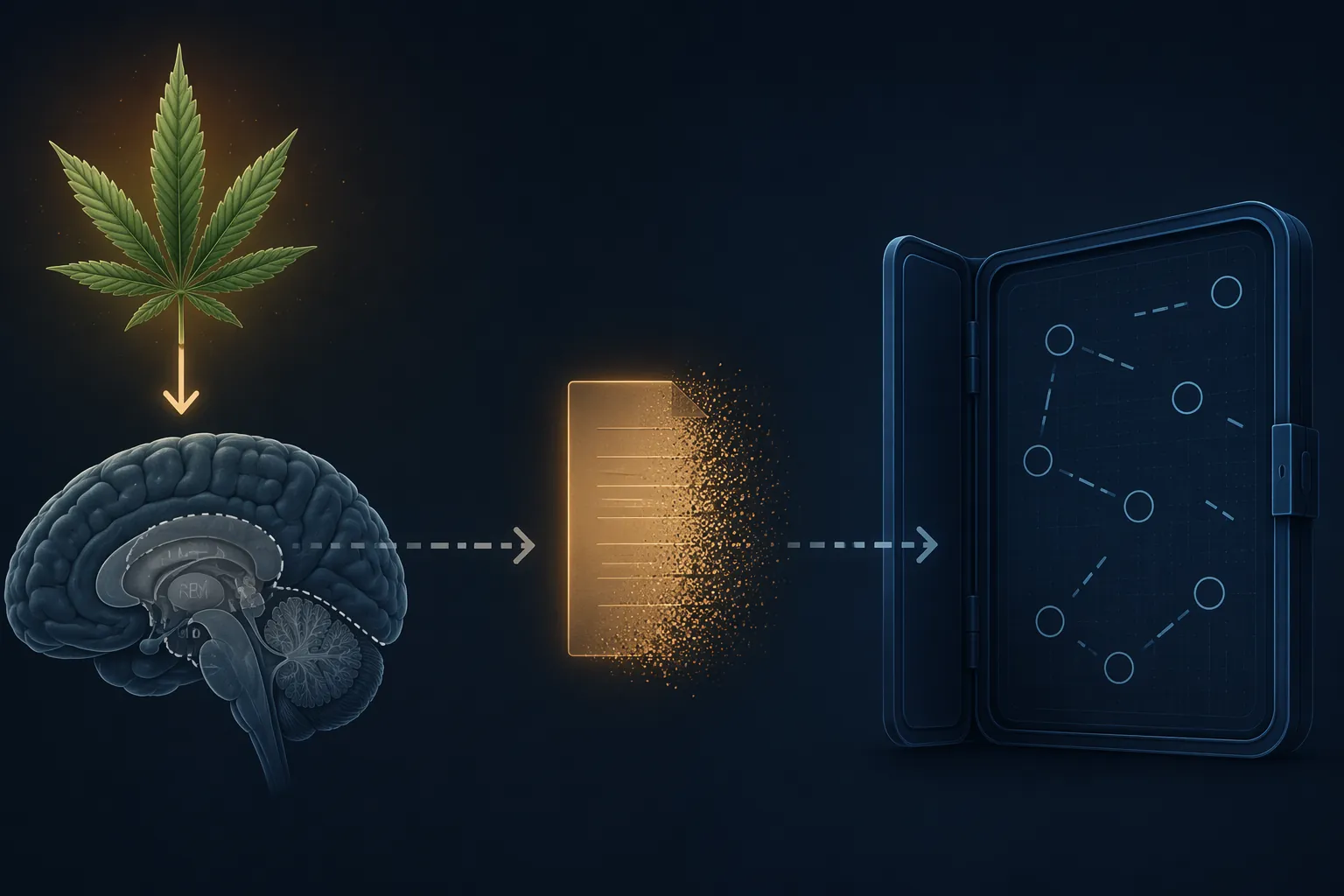 Causal pathway from cannabis to faded REM activity to a dissolving note and disconnected digital notebook graph