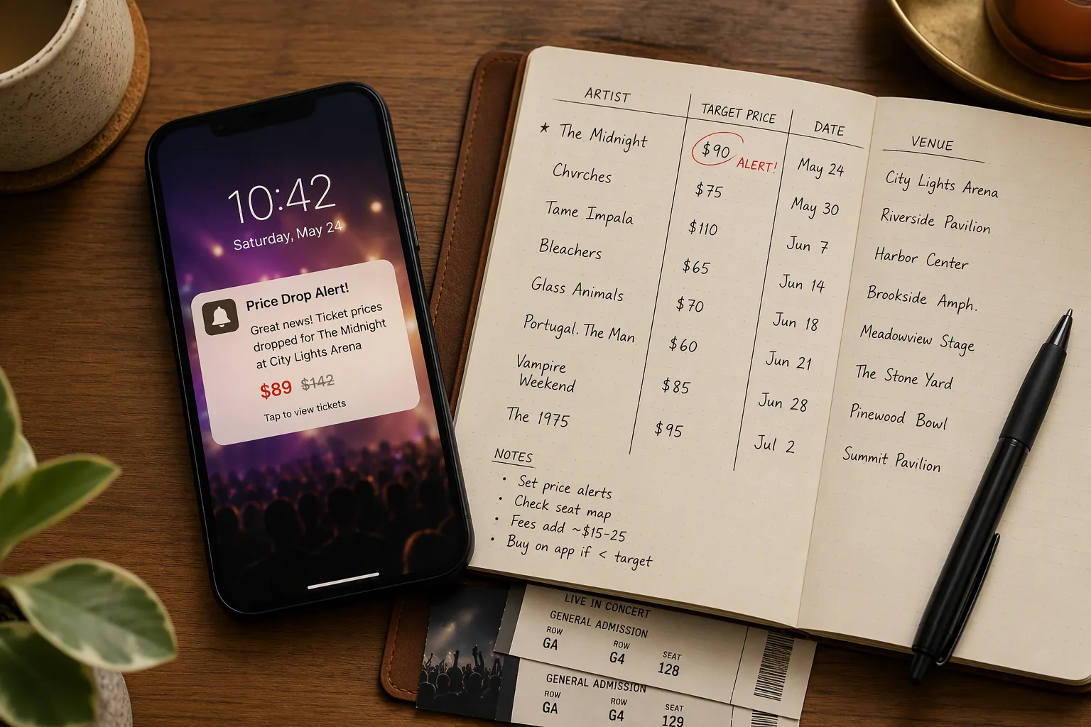 Smartphone showing a ticket price-drop notification beside a notebook of target prices and event dates