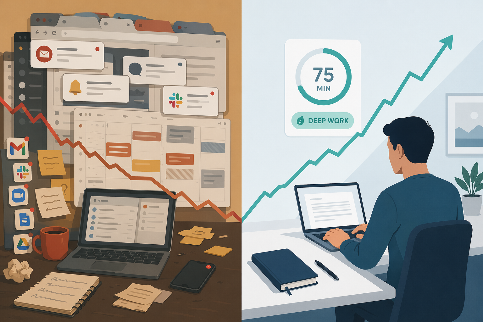 A split composition illustration showing a cluttered digital workspace on the left and a calm, focused work setup on the right, with a graph line moving from chaos to clarity.