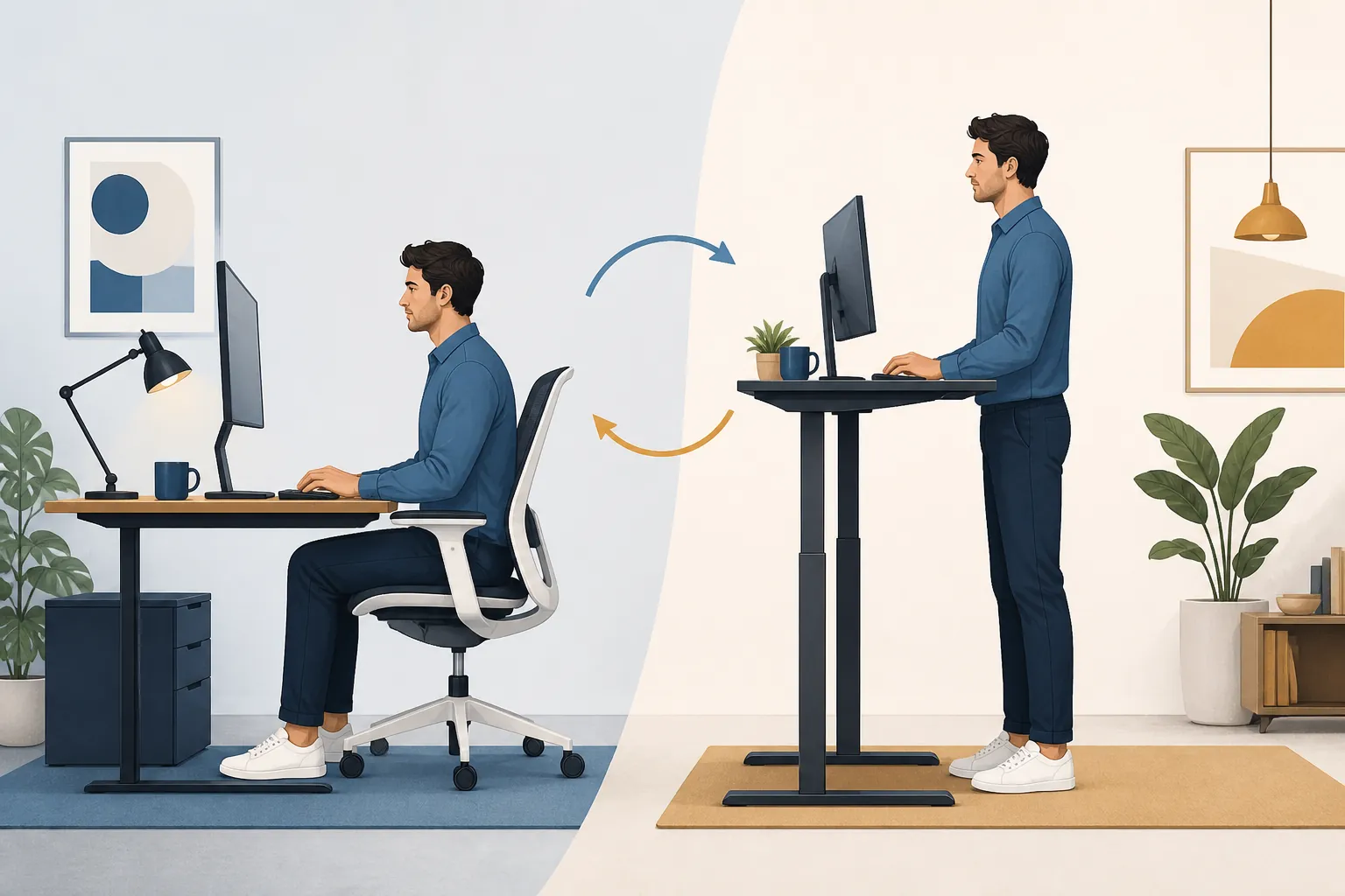 Split scene of a worker seated at a standard desk and standing at an adjustable-height desk