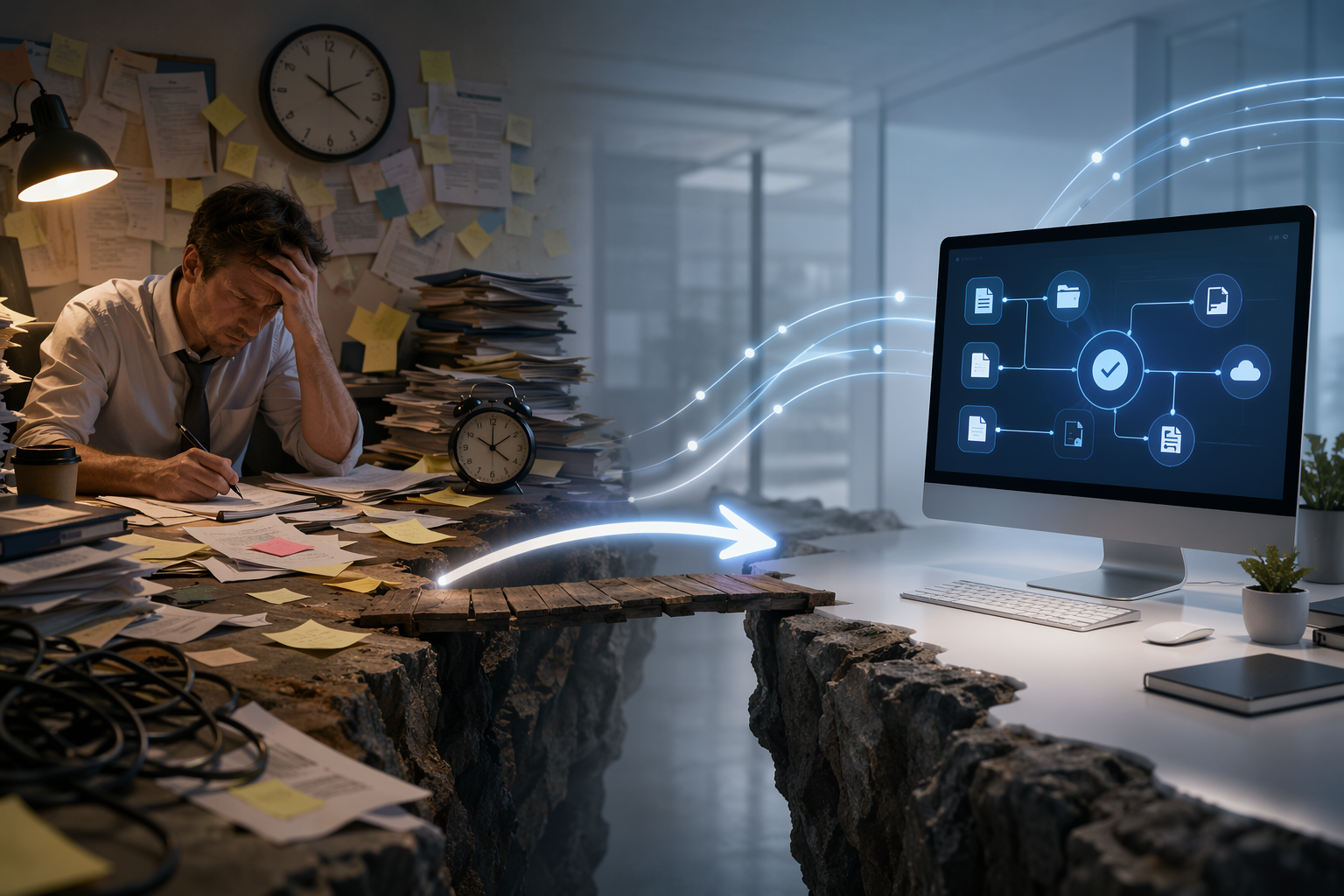 Manual accounting chaos transitioning into an organized automated workflow dashboard