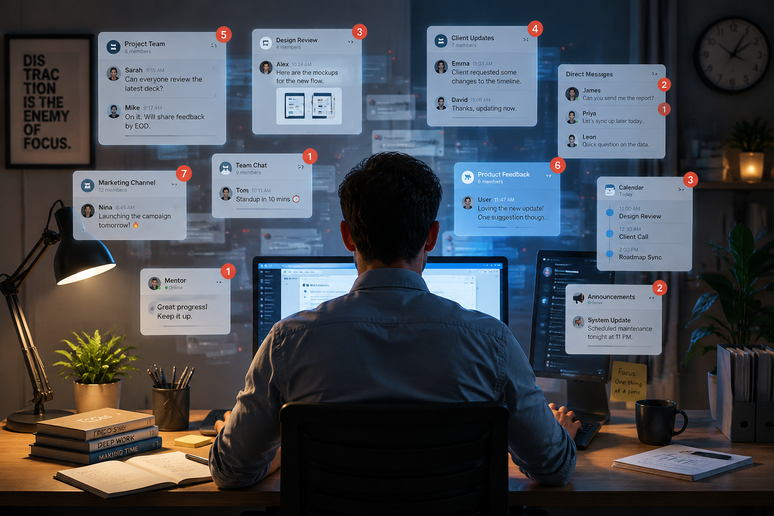 Worker at a computer surrounded by overlapping chat windows, message bubbles, and notification badges