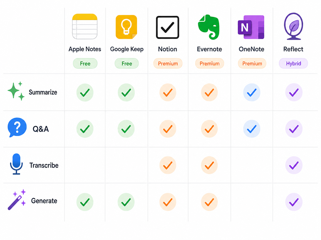 Comparison matrix showing four AI feature rows (Summarize, Q&A, Transcribe, Generate) crossed with six note-taking app columns, with green 'Free' labels on Apple Notes and Google Keep, orange 'Premium' labels on Notion, Evernote, and OneNote, and a purple 'Hybrid' label on Reflect.