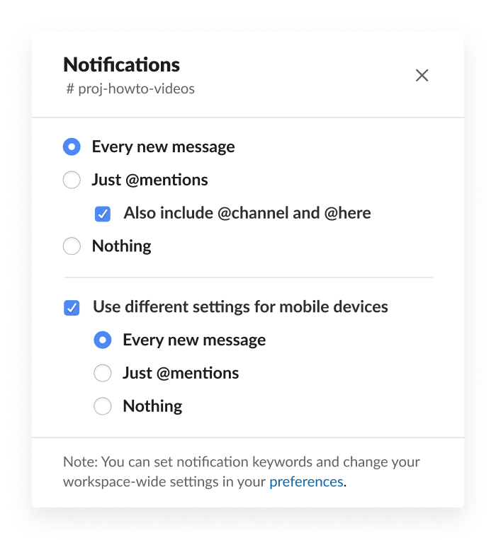 Slack notification preferences panel with per-channel options for all new messages, mentions only, and nothing