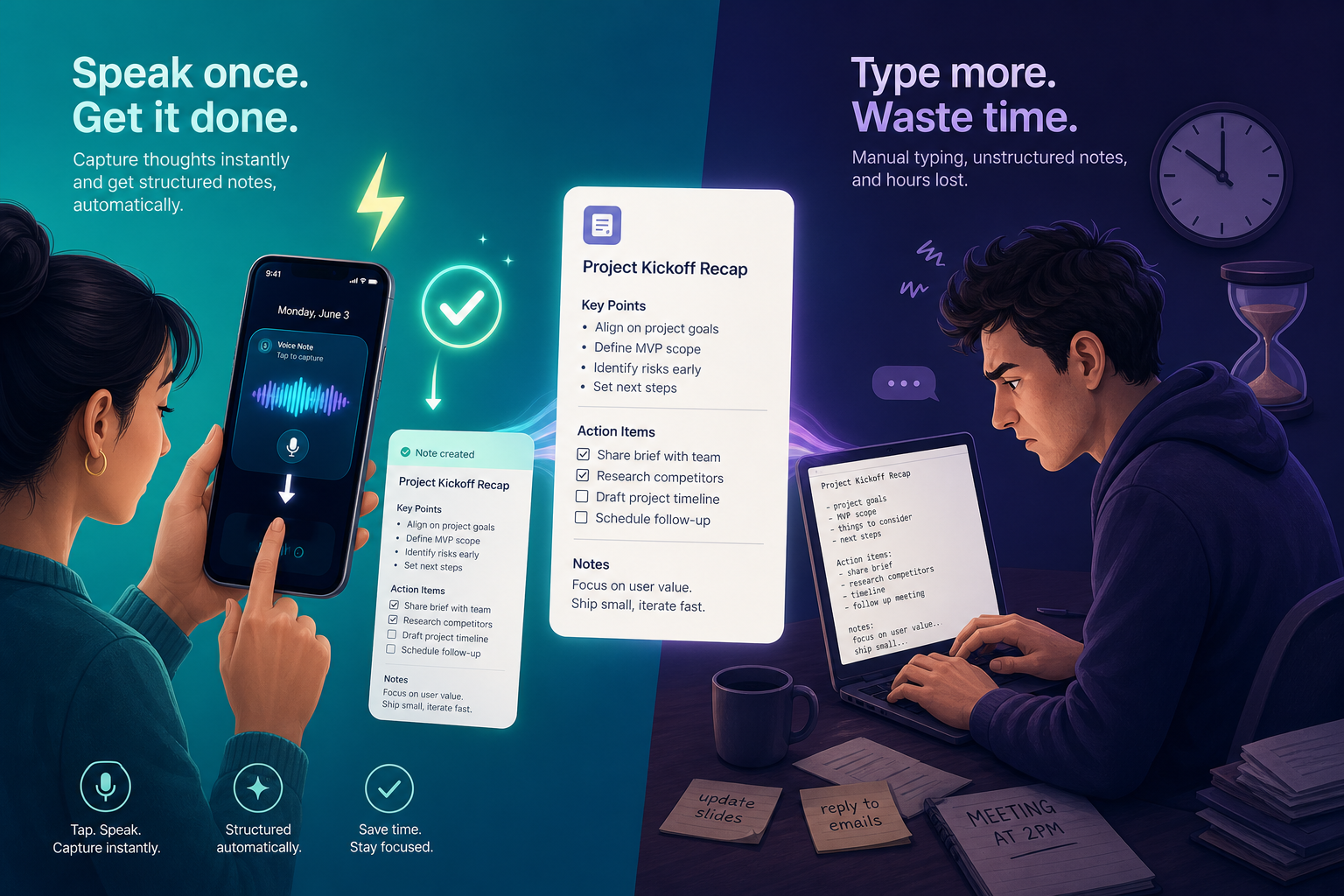 Split-screen illustration comparing voice capture on a phone versus typing on a keyboard.
