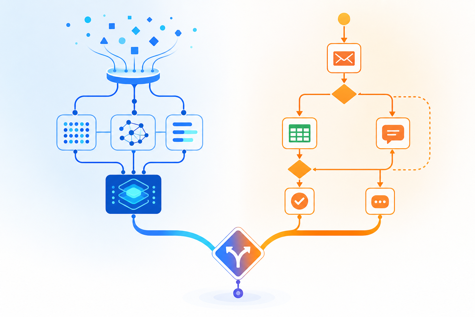A split-composition illustration showing AutoML on the left and AI workflow automation on the right, converging at a decision checkpoint.