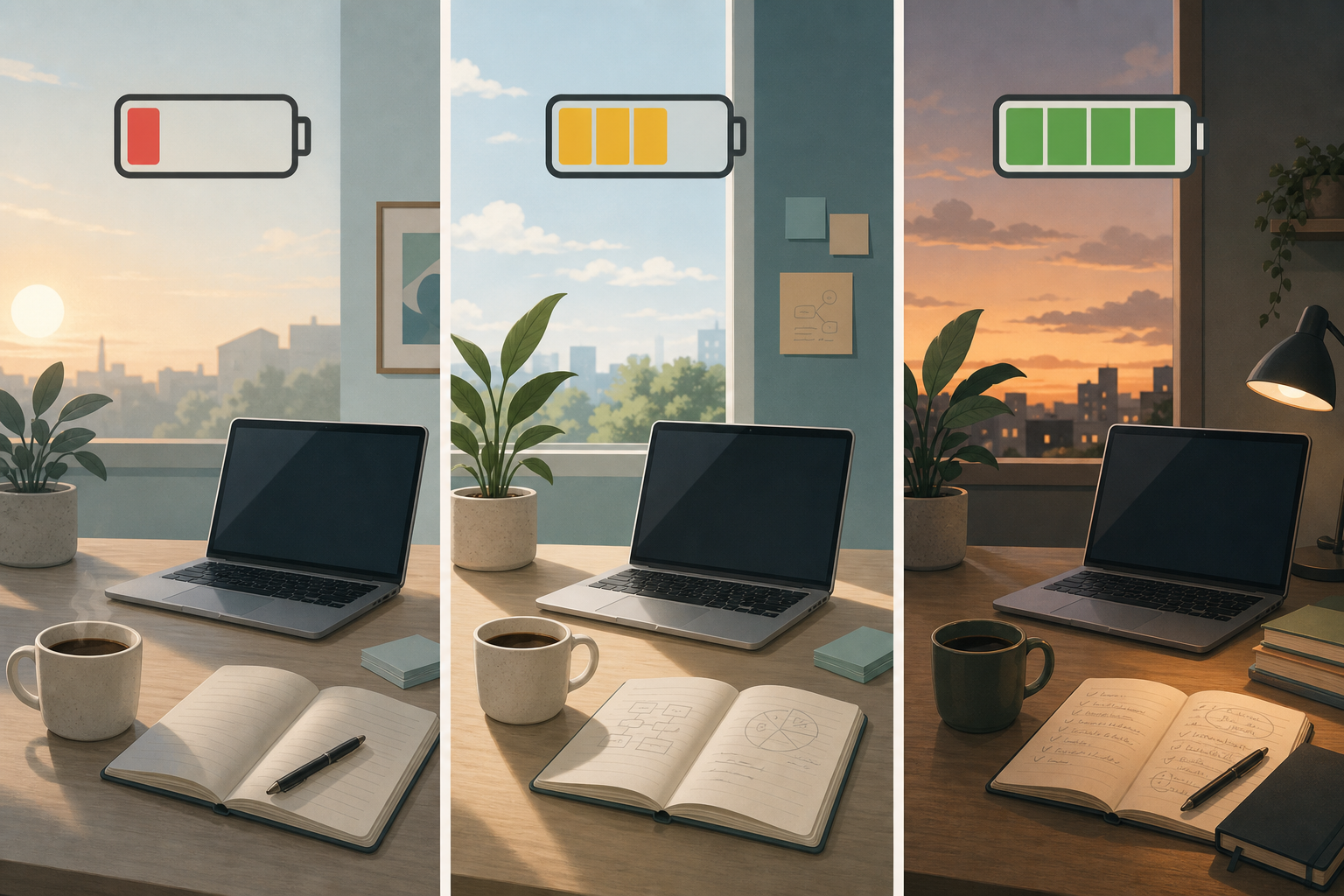 Desk with laptop, notebook, and coffee beside battery levels illustrating changing energy reserves through a workday