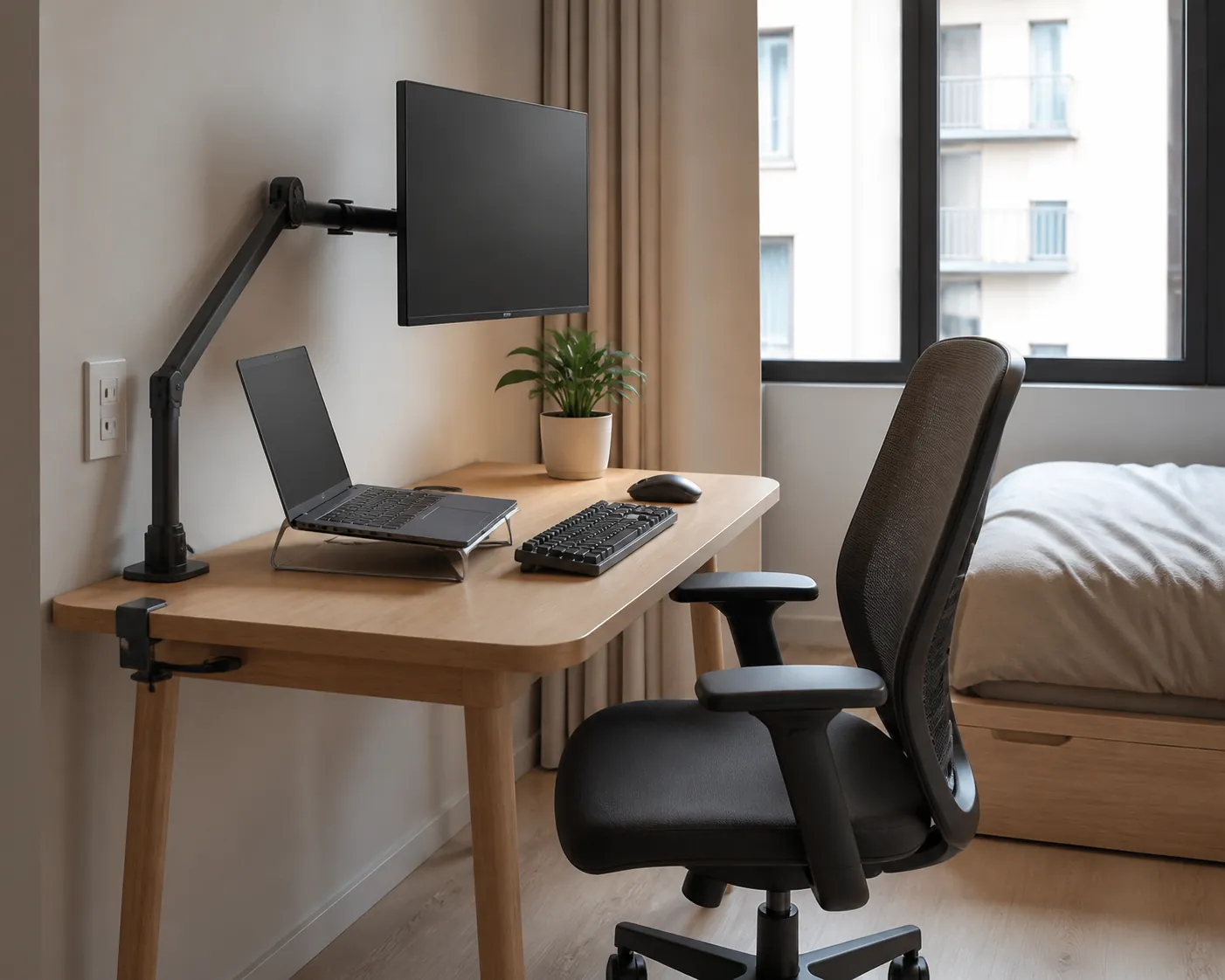 Compact home office corner with a laptop on a riser, external keyboard and mouse, monitor arm, ergonomic chair, and managed cables