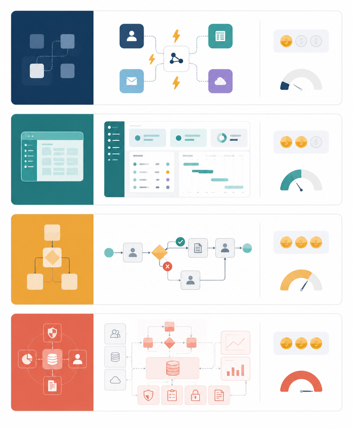 Four workflow software tier cards for connector tools, all-in-one platforms, low-code BPM, and enterprise BPM
