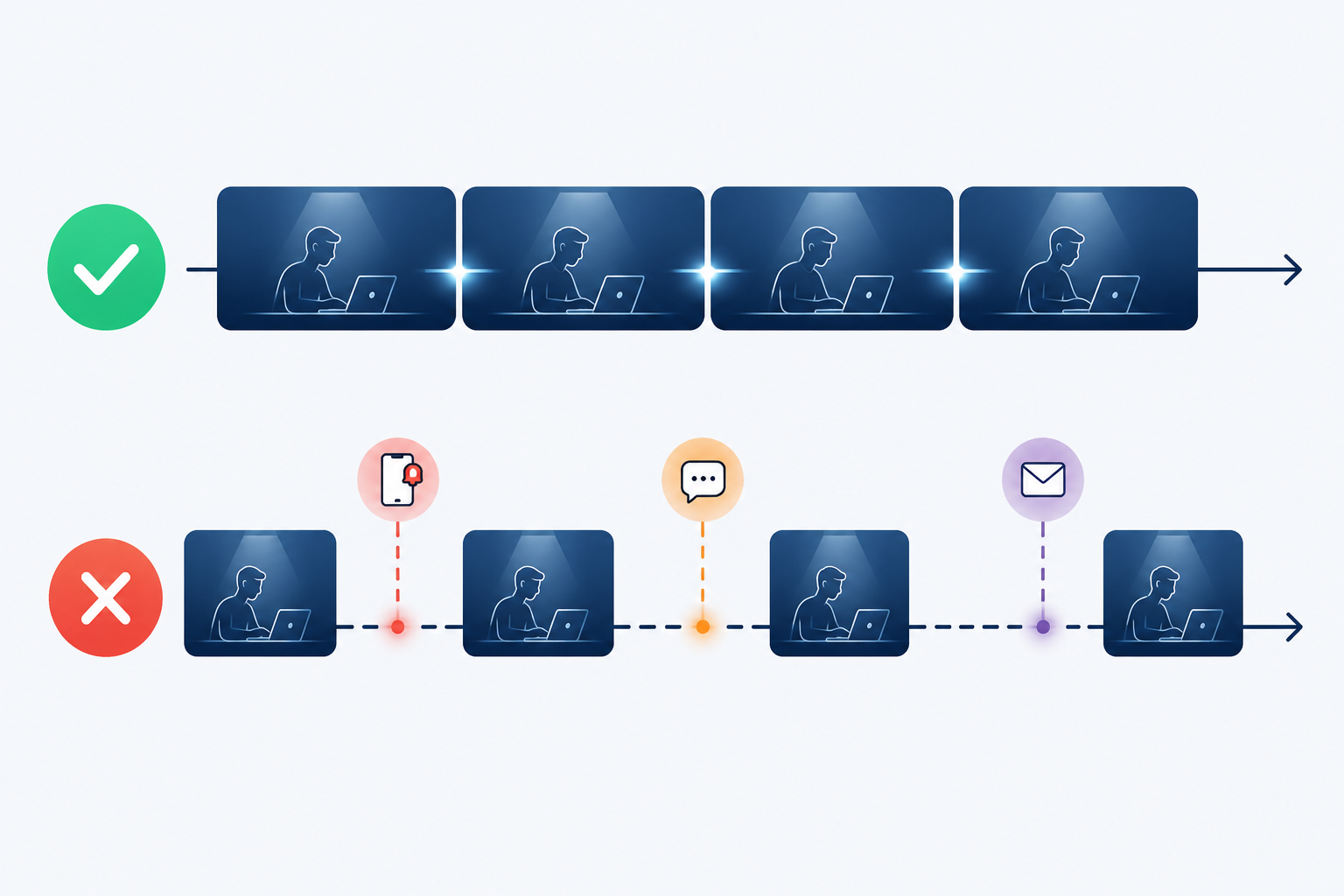 Two timelines comparing uninterrupted focus blocks with fragmented blocks broken by phone, chat, and email interruptions