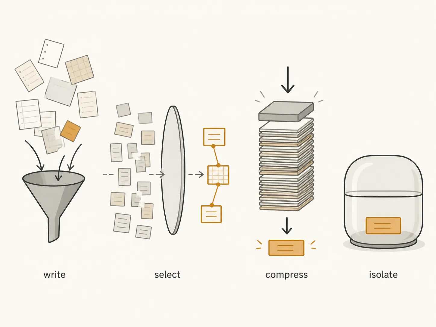 A four-stage diagram showing write, select, compress, and isolate as context moves through a vault