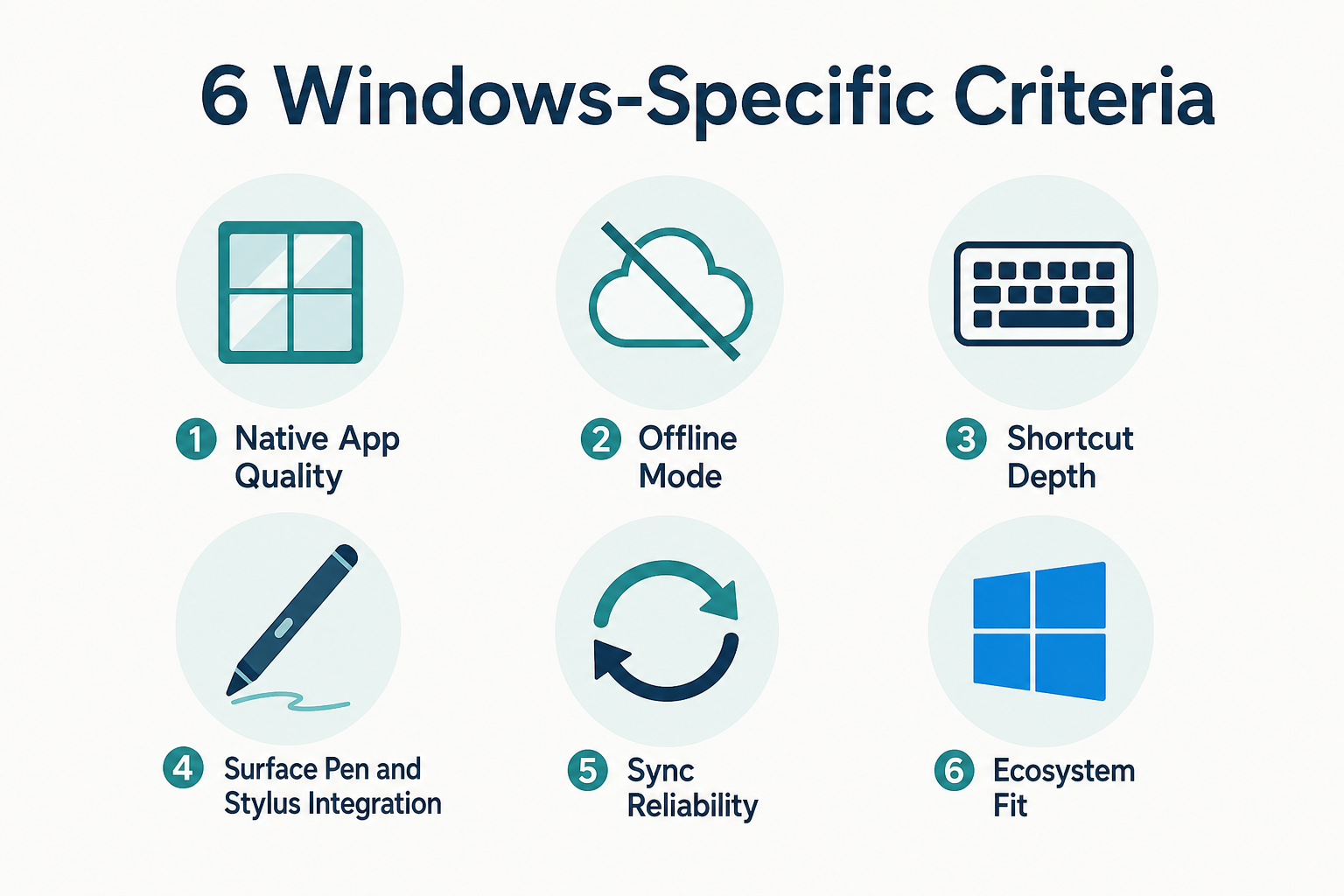 Editorial infographic with six icons representing Windows-specific note-taking evaluation criteria: native app quality, offline mode, keyboard shortcuts, stylus integration, sync reliability, and ecosystem fit.