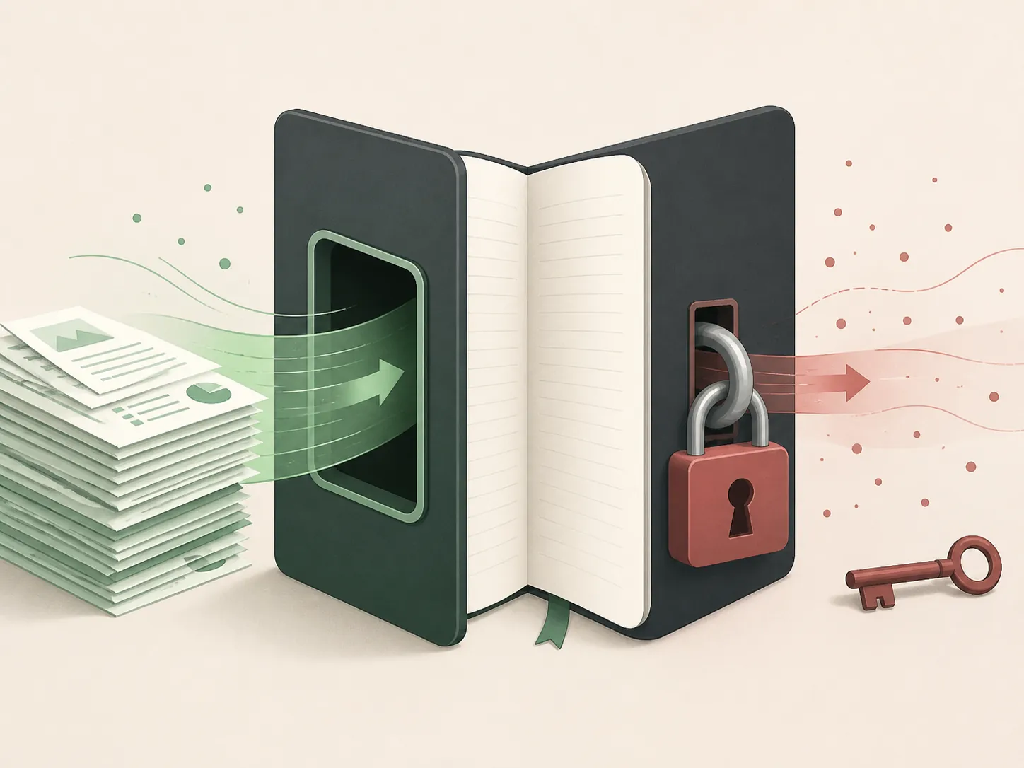 Documents entering a notebook through a wide slot while the exit is narrow and locked