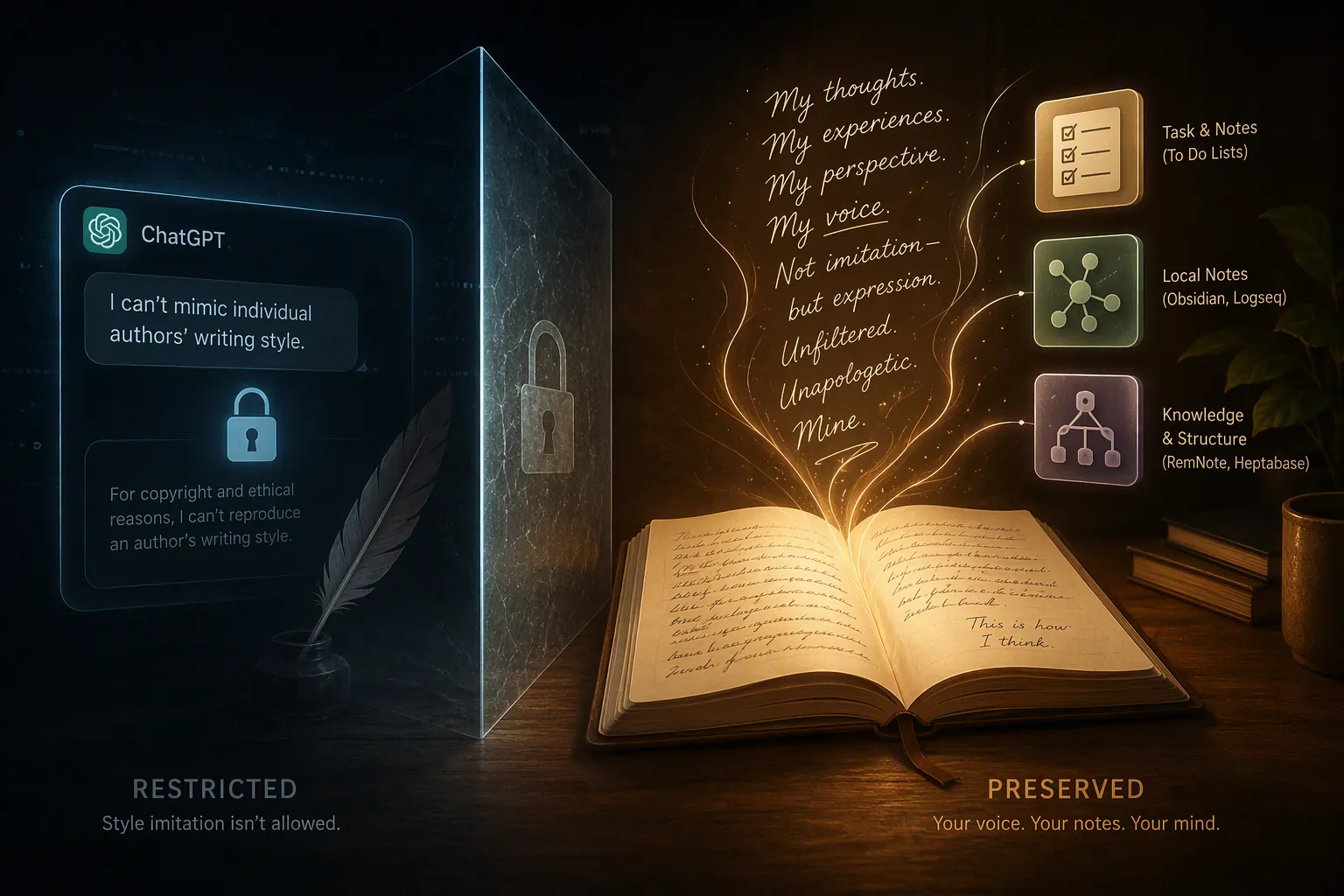 AI chat window blocked from author imitation beside a notebook preserving personal writing voice