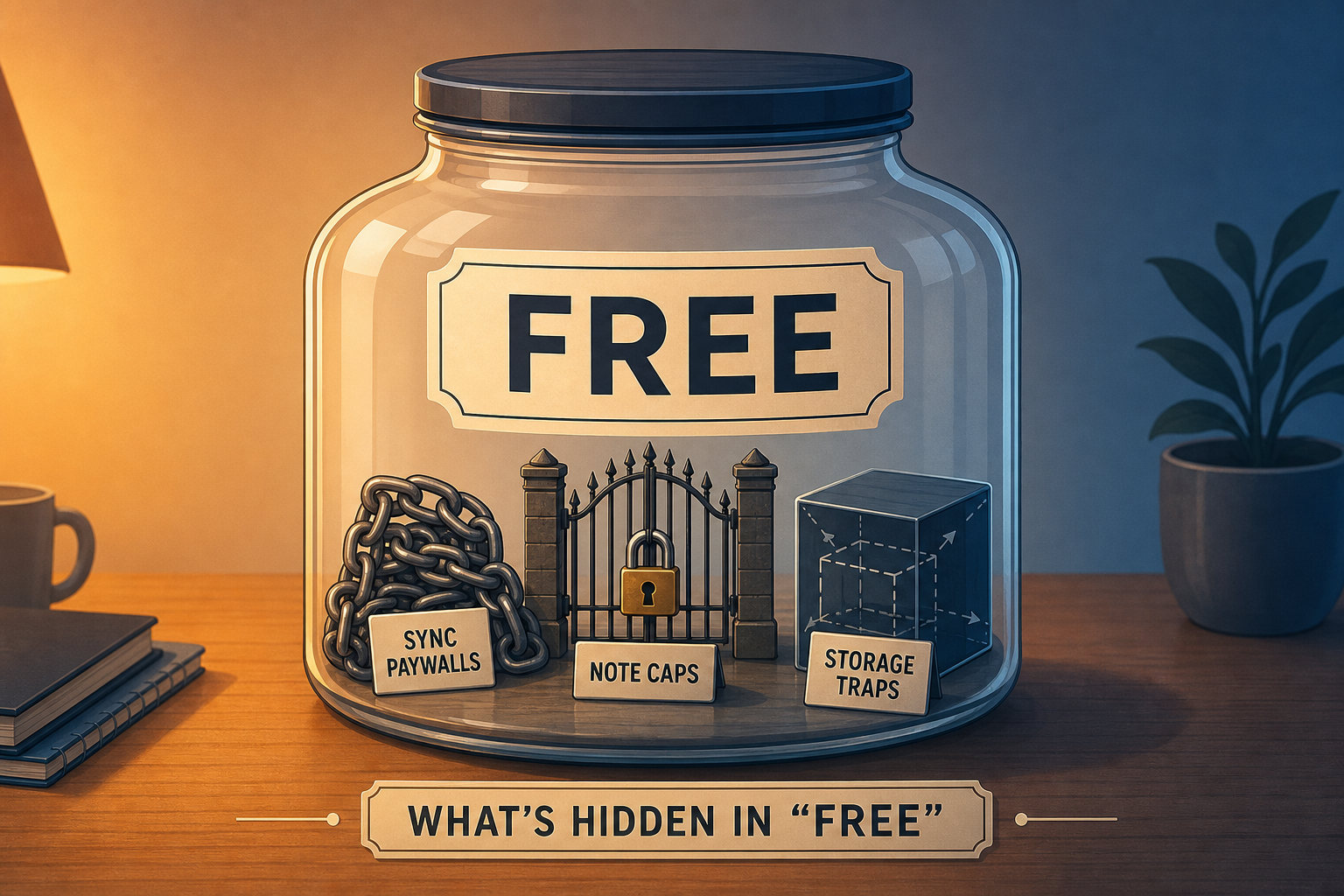 A conceptual illustration of a glass jar labeled FREE containing three hidden obstacles: a chain for sync paywalls, a locked gate for note caps, and a shrinking box for storage limits.