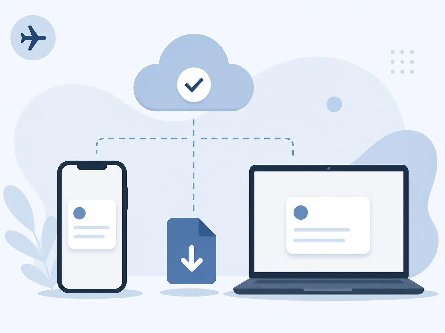 Phone and laptop showing the same itinerary note with cloud and downloaded-file backup symbols