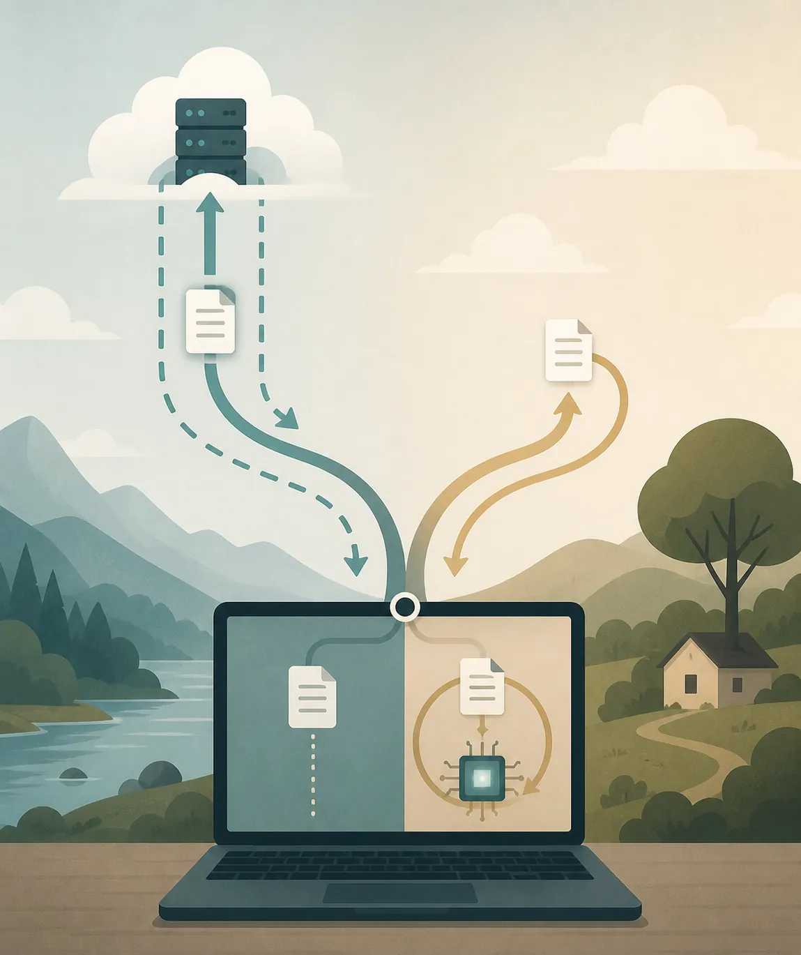 A document taking either a remote cloud-processing route or a local on-device processing route