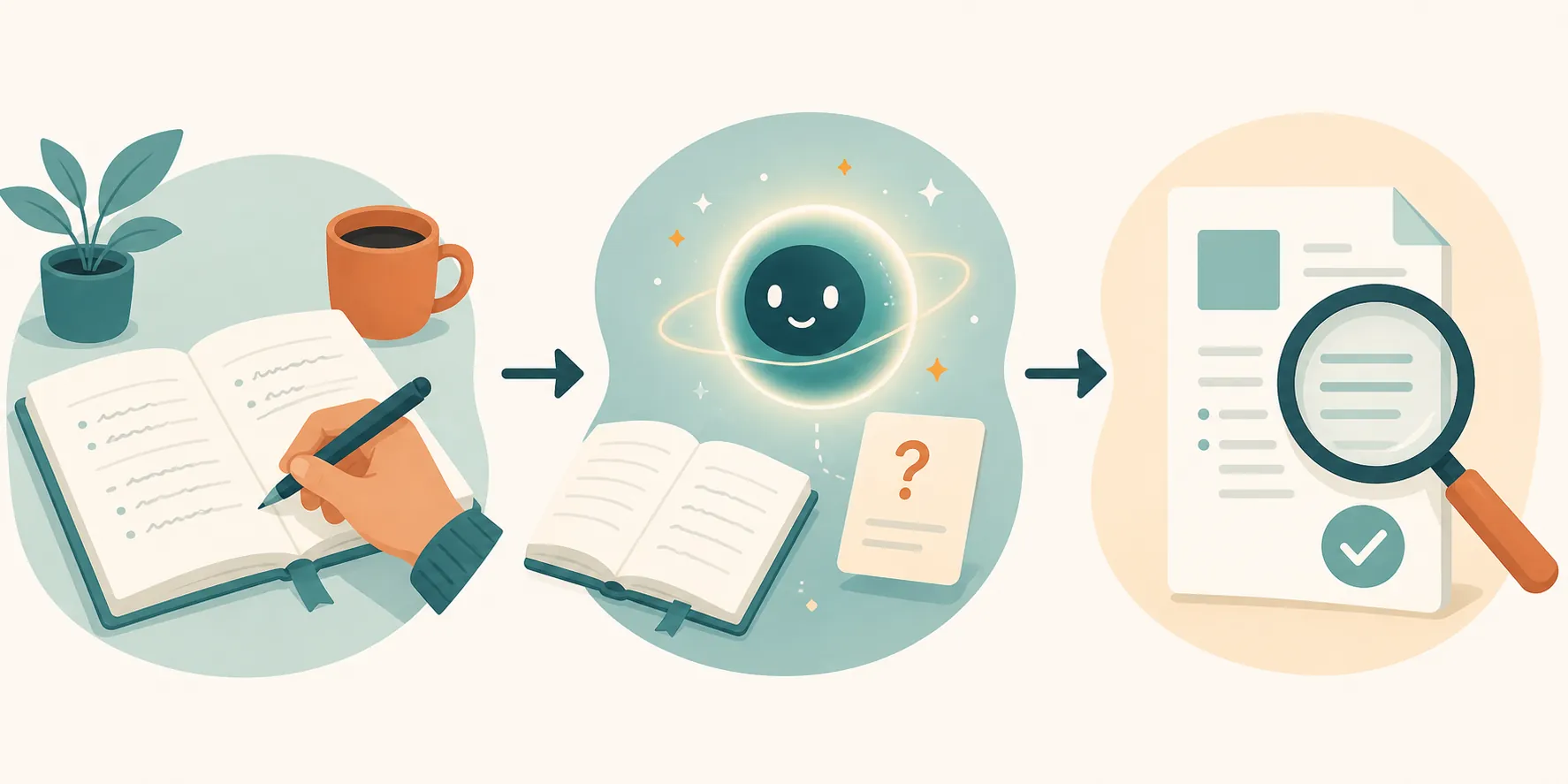 A three-step workflow showing handwritten notes first, an AI assistant as a coach, and a verification step with a magnifying glass
