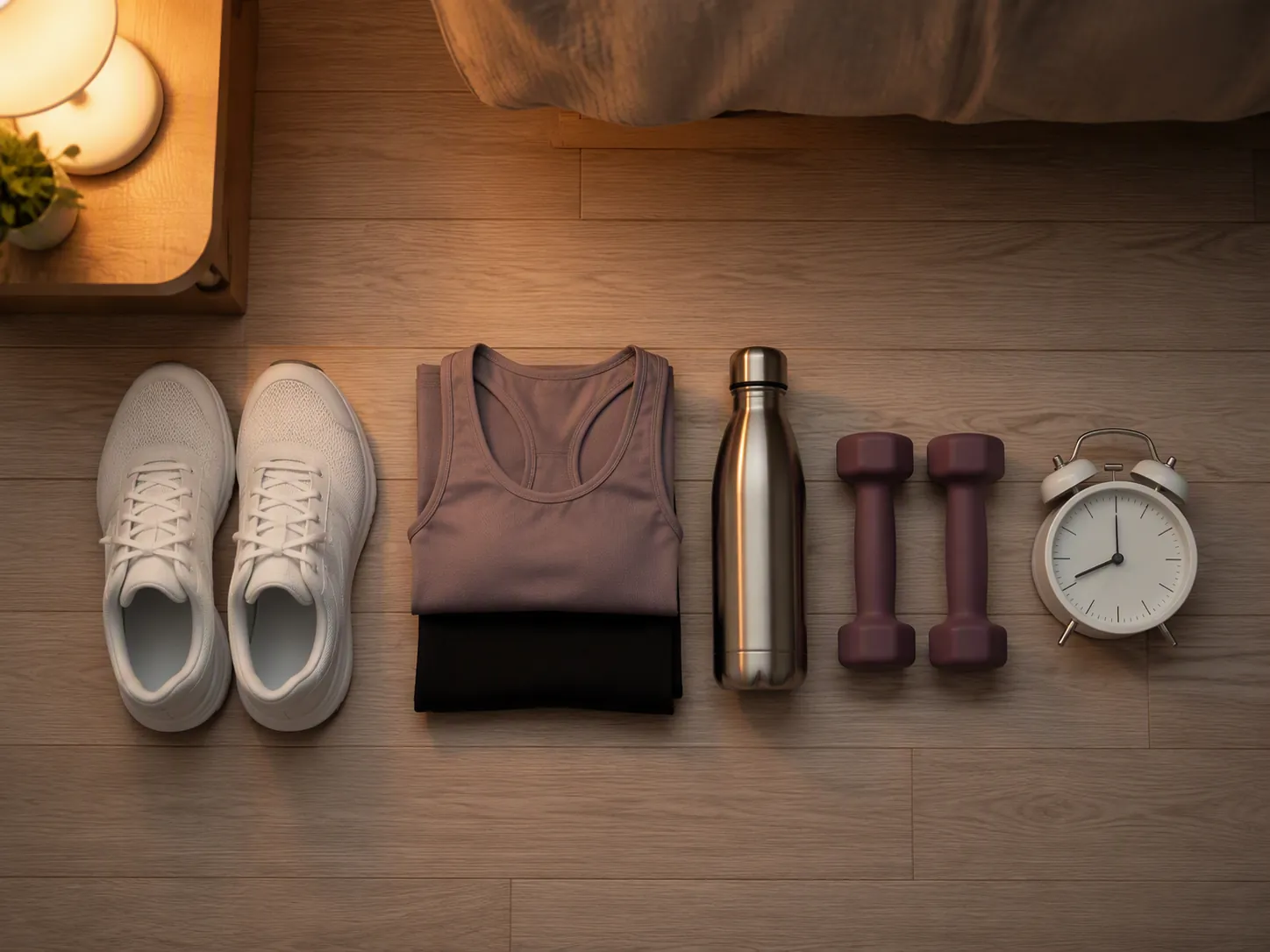 Workout clothes, white sneakers, a water bottle, small weights, and an alarm clock arranged on a wooden floor at night