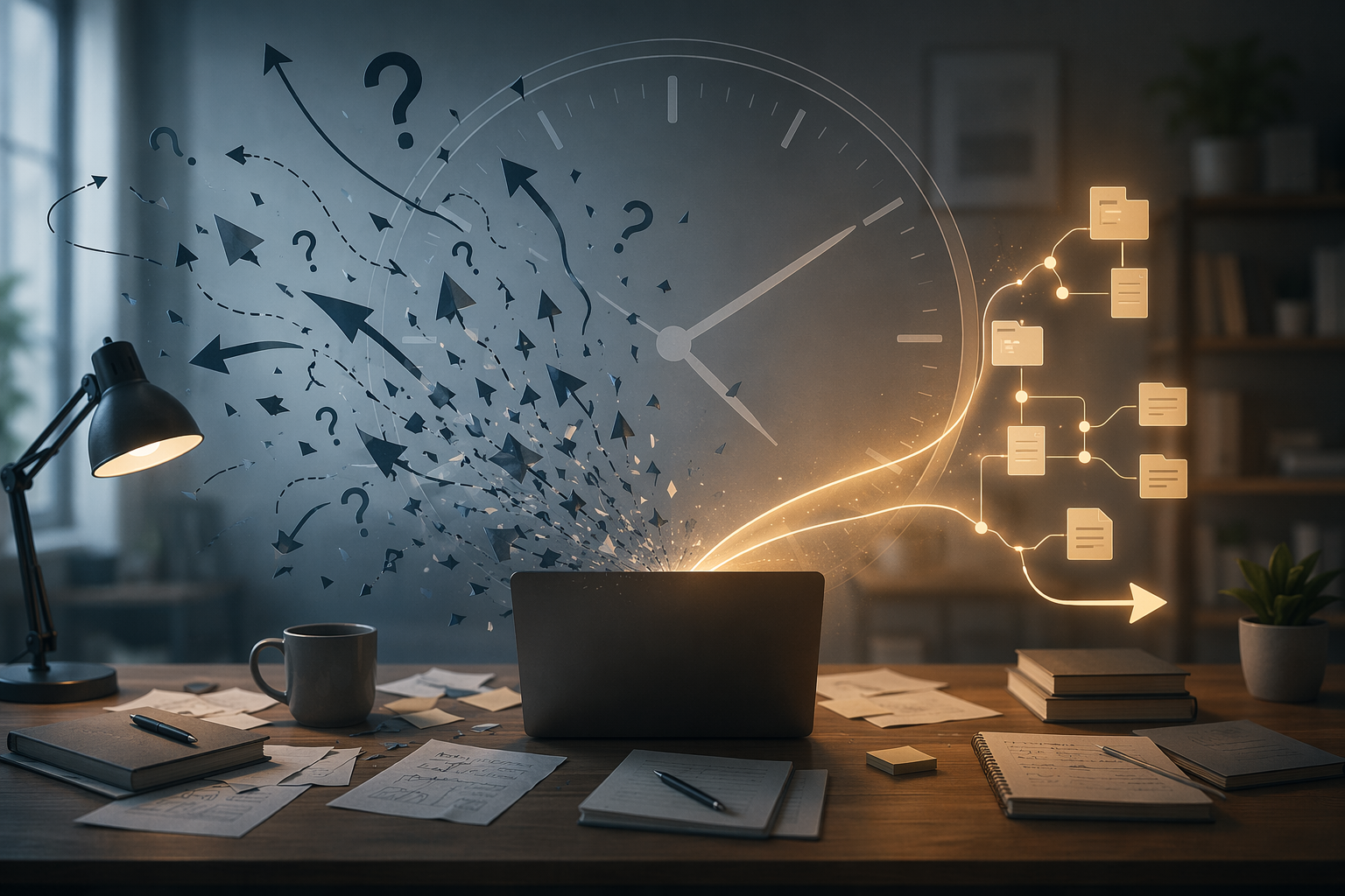 Modern desk scene showing fragmented hours around a laptop and an organized pathway representing recovered search time