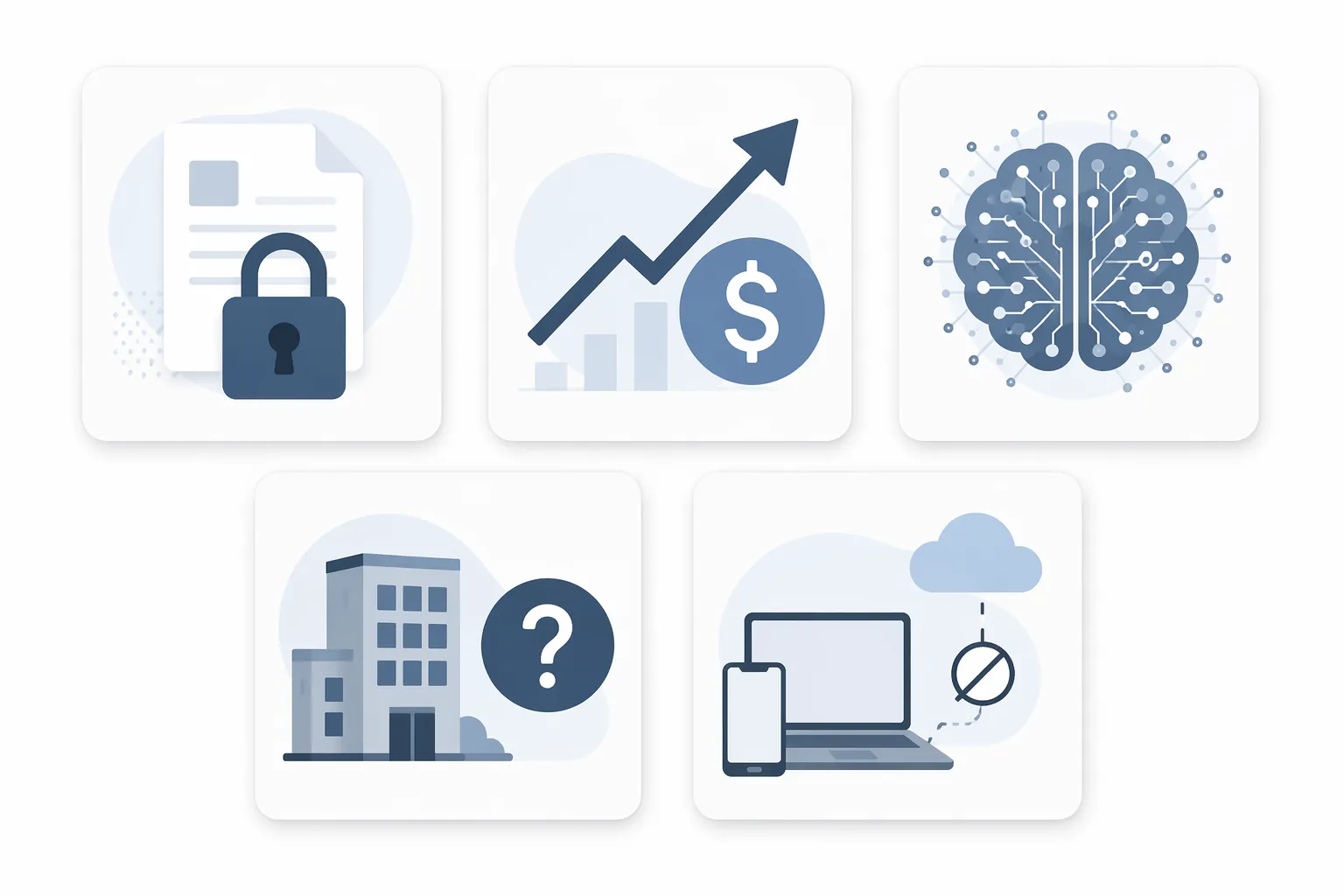 Five icon cards showing format lock-in, pricing, AI bloat, vendor survivability, and offline capability
