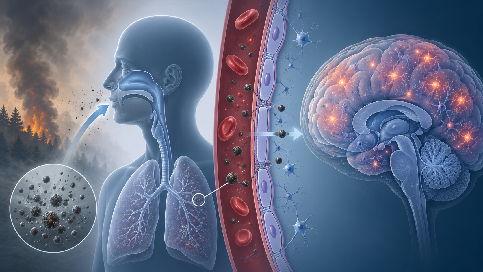 Scientific illustration of inhaled particulate matter crossing a blood-brain barrier and triggering brain inflammation