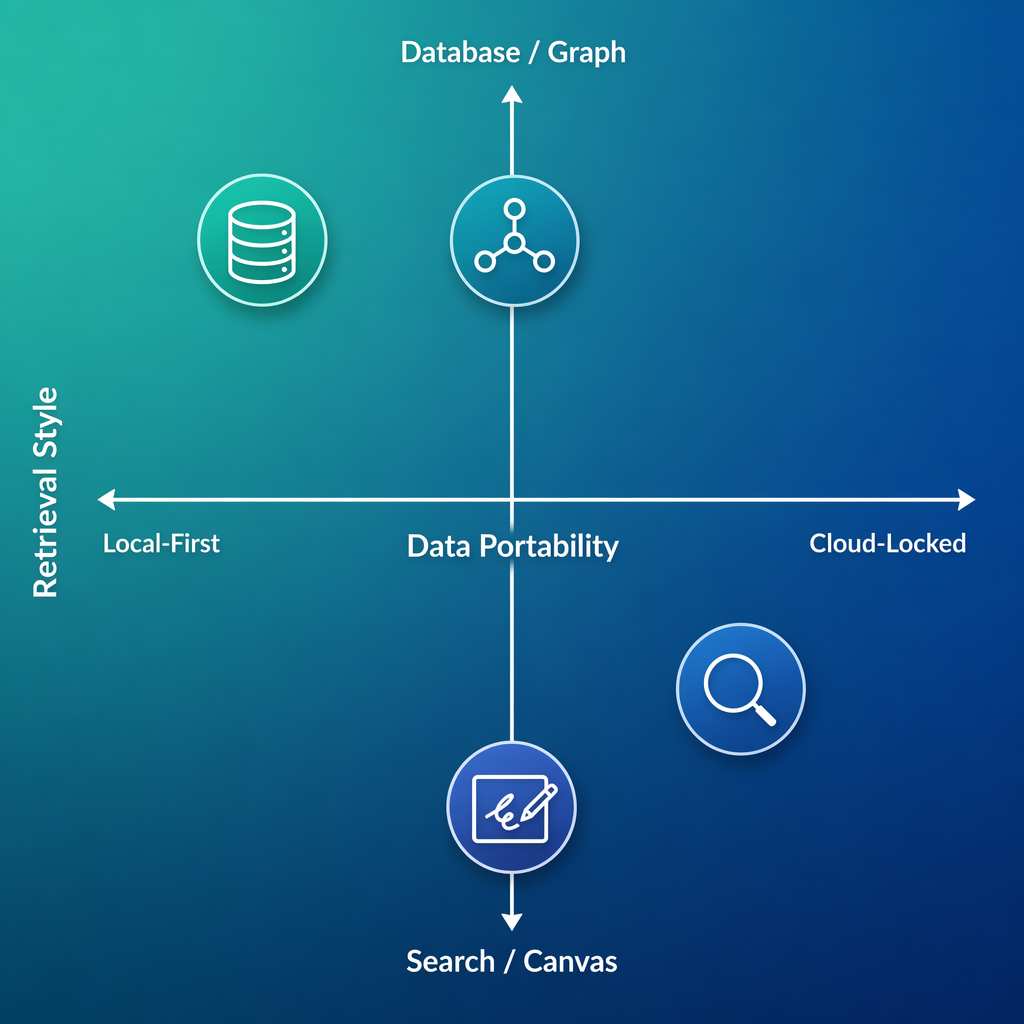 A 2-axis decision matrix diagram with Data Portability on the horizontal axis (Local-First to Cloud-Locked) and Retrieval Style on the vertical axis (Database/Graph to Search/Canvas), with abstract icon positions plotted across the quadrants.