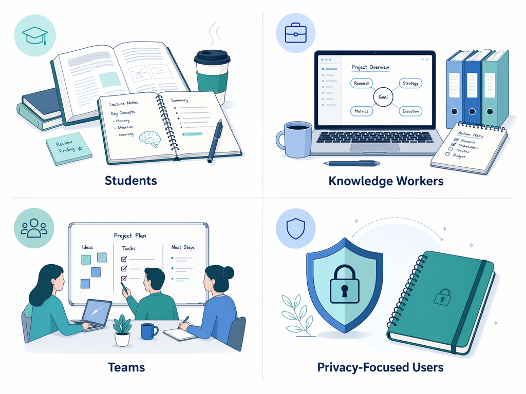 Four icon-style vignettes in a 2x2 grid showing a student desk, a laptop with graph diagram, three figures around a shared workspace, and a shield icon with a lock and notebook.