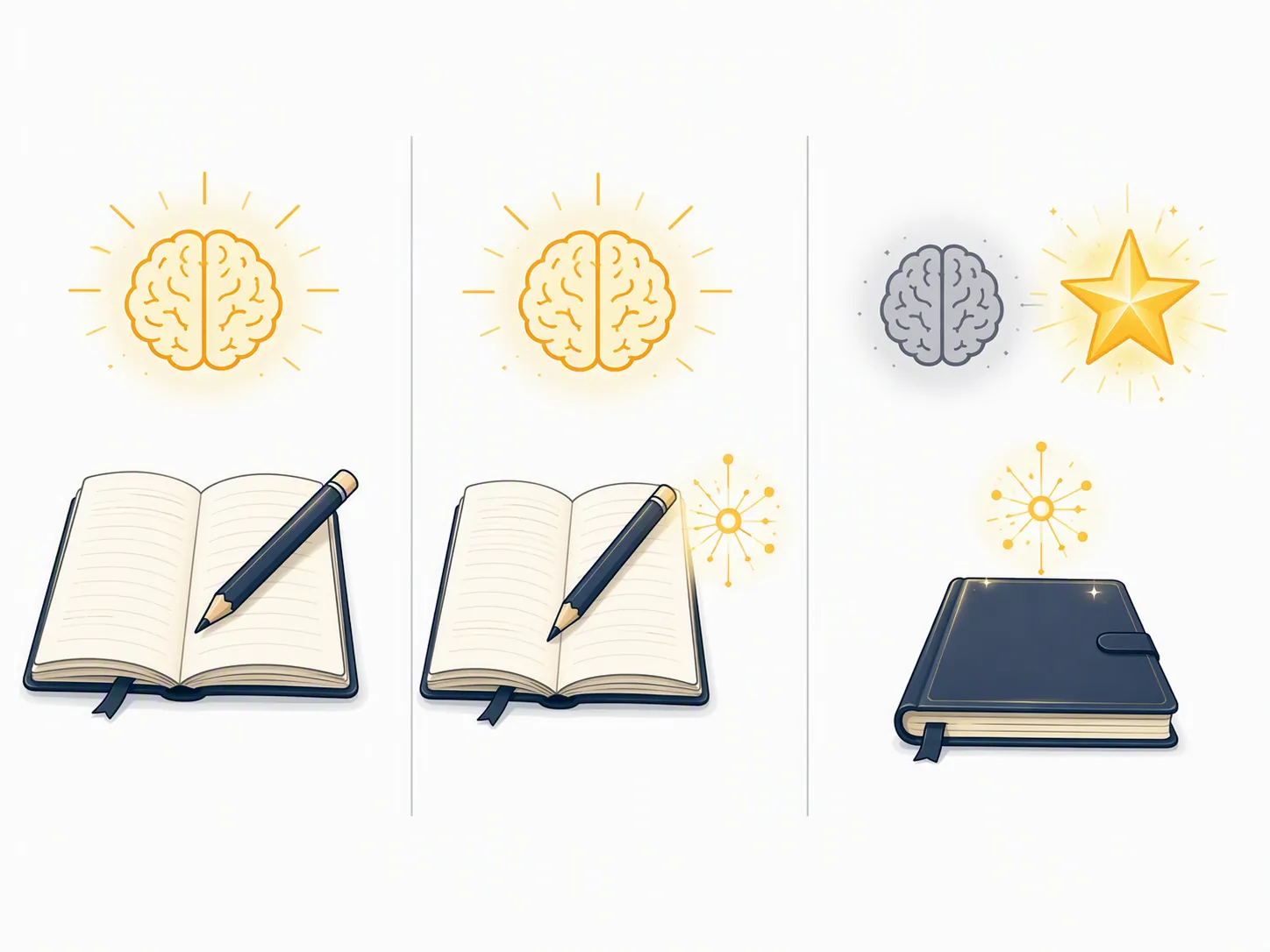 Three-panel comparison of handwritten notes, handwritten notes plus AI, and AI-only notes with different brain icons