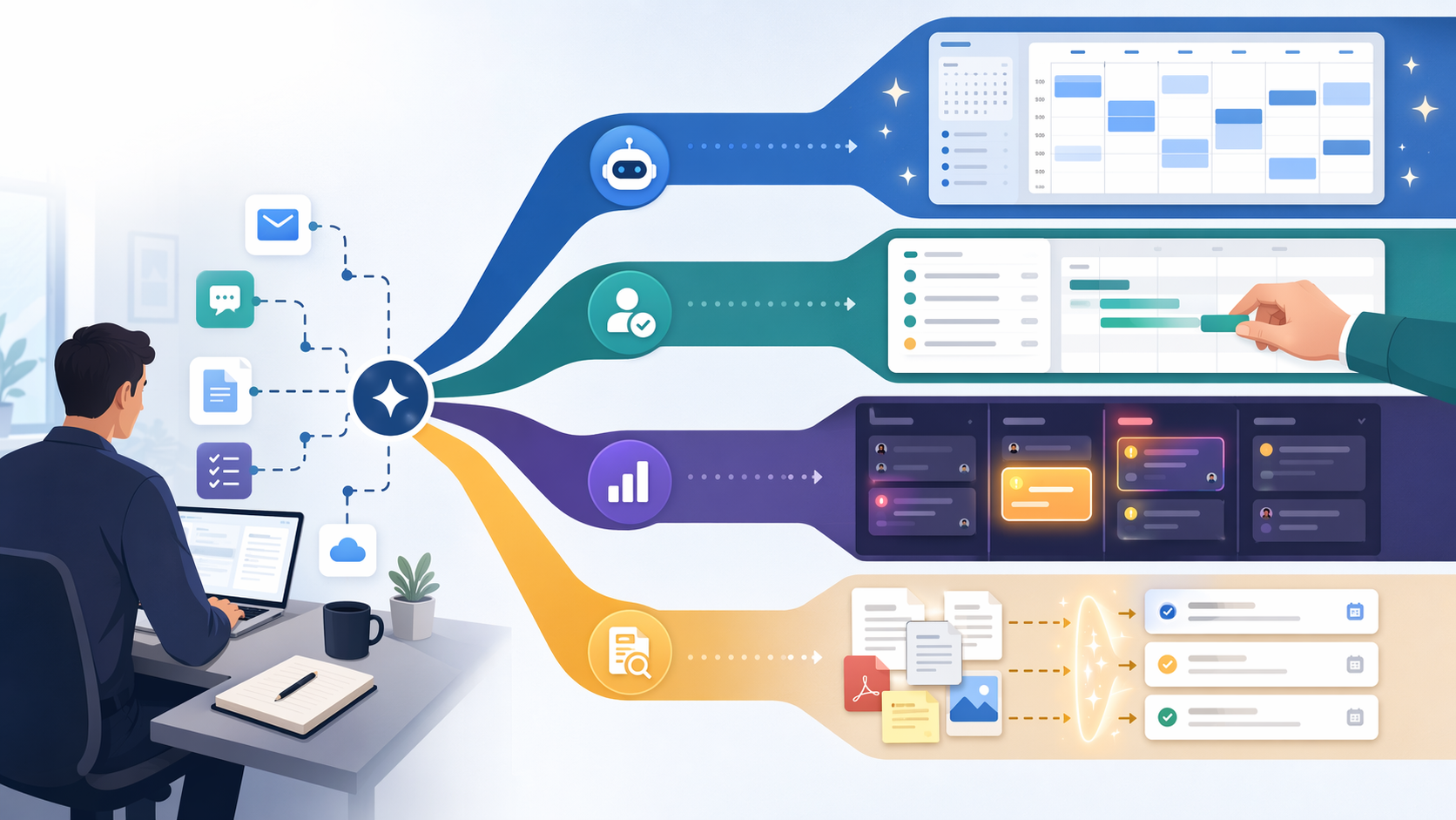 Four diverging AI task management workflow paths: autopilot scheduling, approve-first copilot, platform-native priority scoring, and knowledge-first extraction