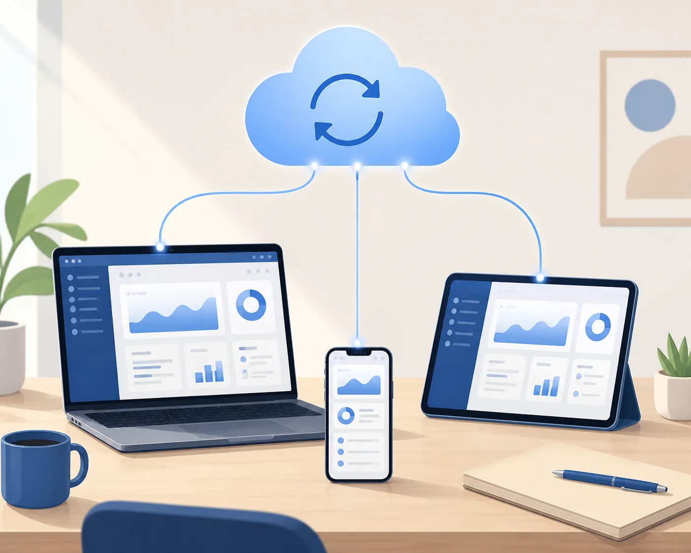 Laptop tablet and phone connected to a cloud, representing Microsoft 365 across multiple devices