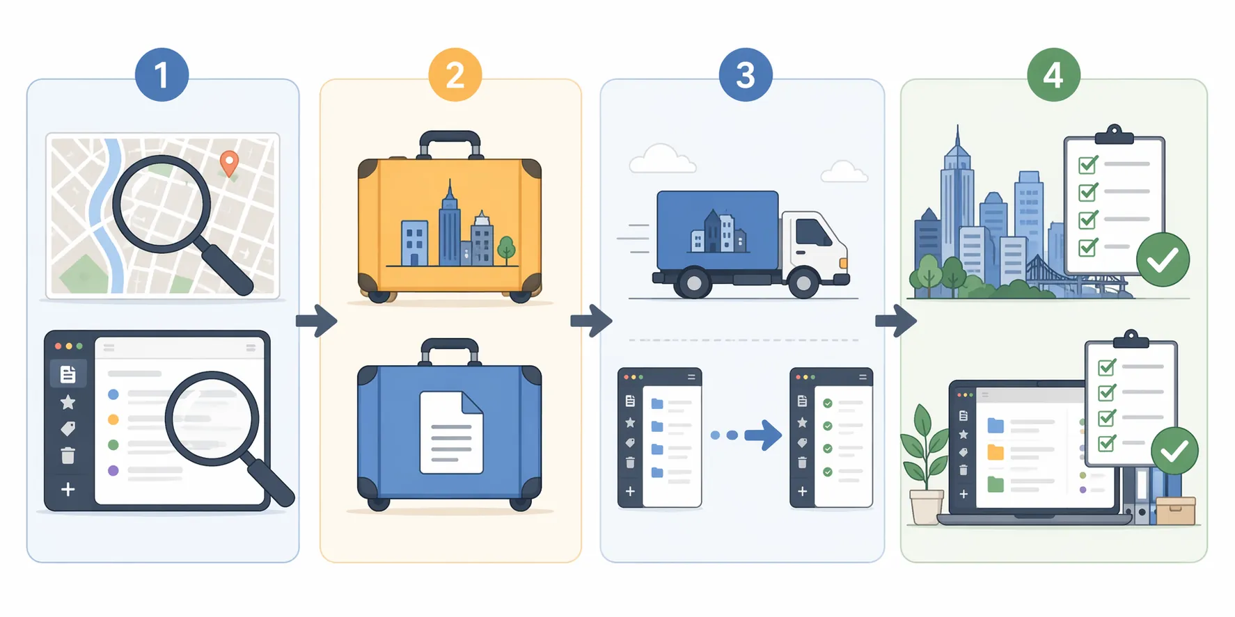 Four-step workflow for auditing, identifying portable assets, executing, and verifying a move