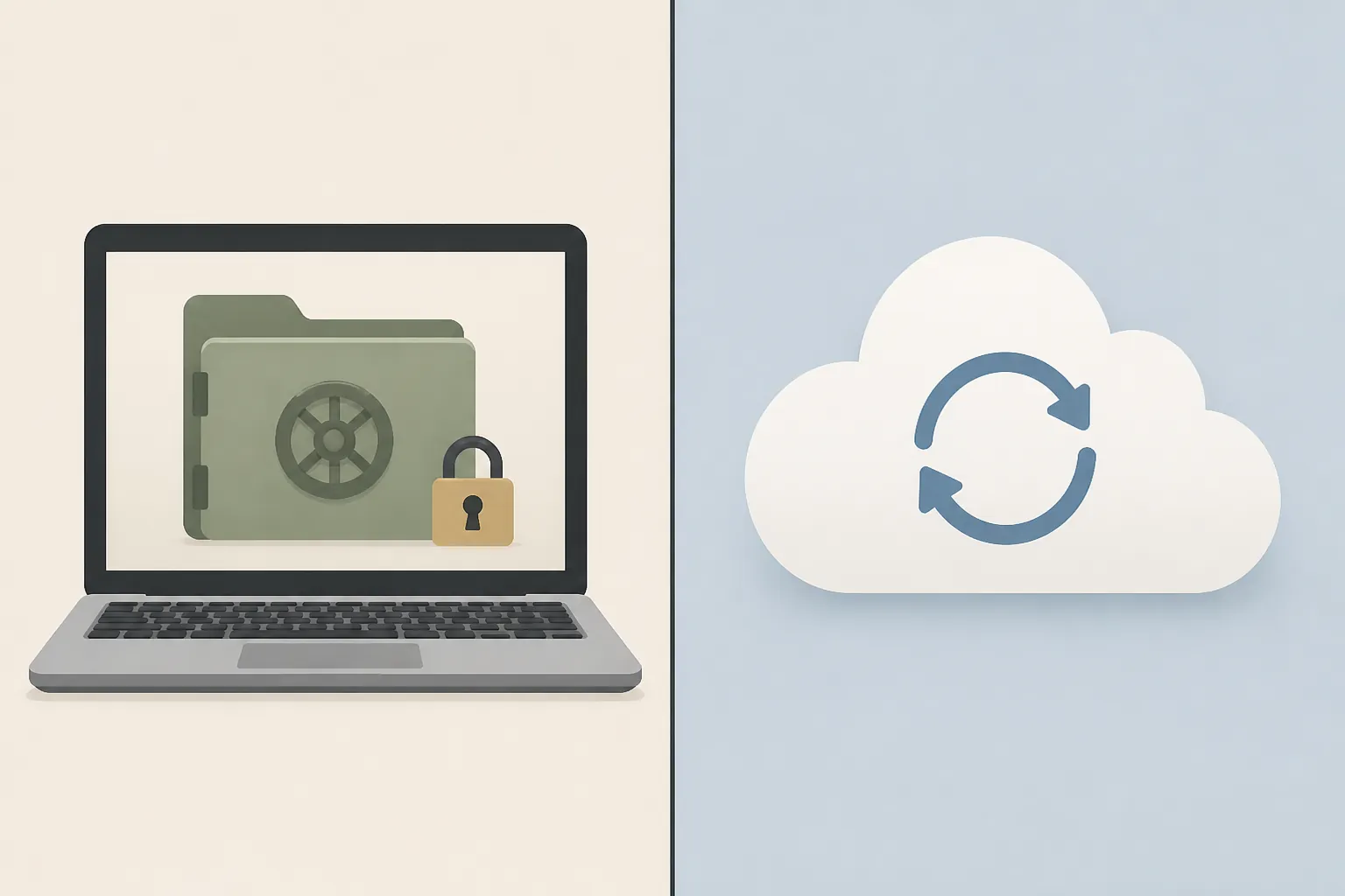 Split illustration comparing a local note vault and padlock with a cloud service and sync arrows