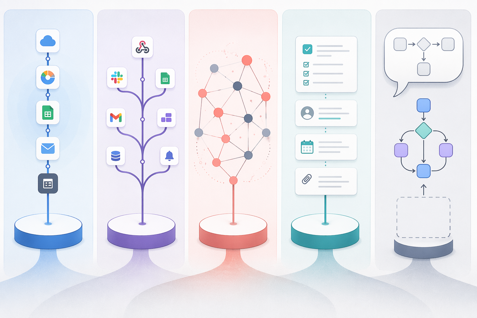 Five automation template ecosystem styles shown side by side, including app handoffs, branching processes, AI workflows, SOP documents, and natural language generation