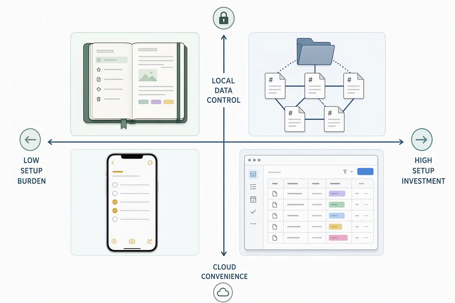 Decision matrix comparing four note-taking approaches by setup burden and data control
