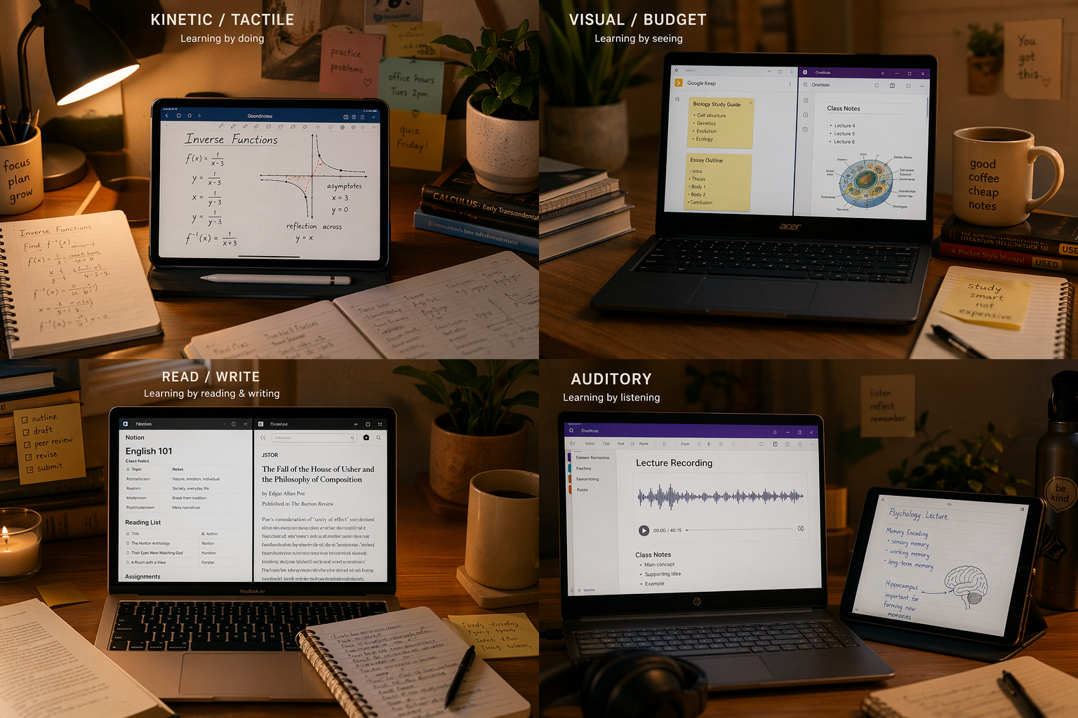 A dorm desk split into four quadrants showing an iPad with GoodNotes handwriting, a Chromebook with Google Keep and OneNote web, a MacBook with Notion databases, and a Windows laptop with OneNote audio waveform next to an iPad.