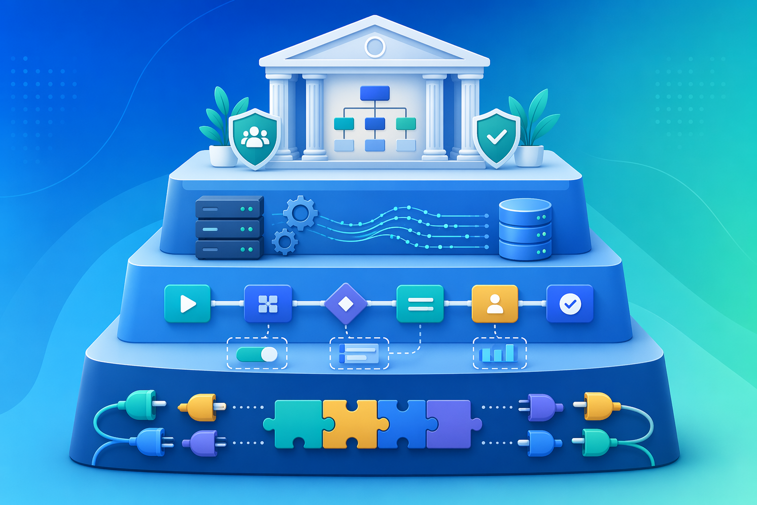 Four ascending tiers of workflow orchestration tools from no-code connectors to enterprise BPM suites