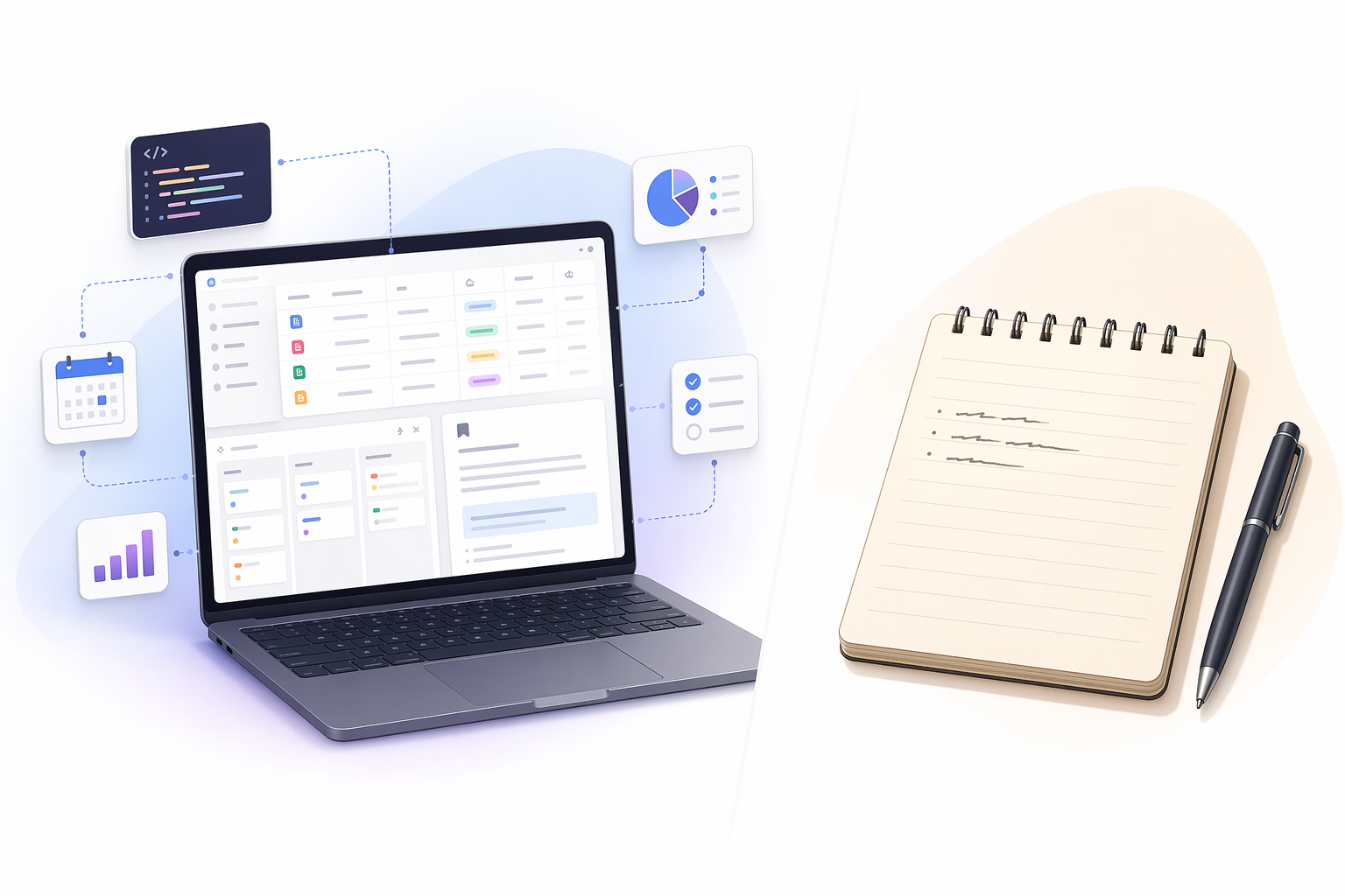 Split-composition illustration: structured digital workspace on the left, simple notepad on the right.