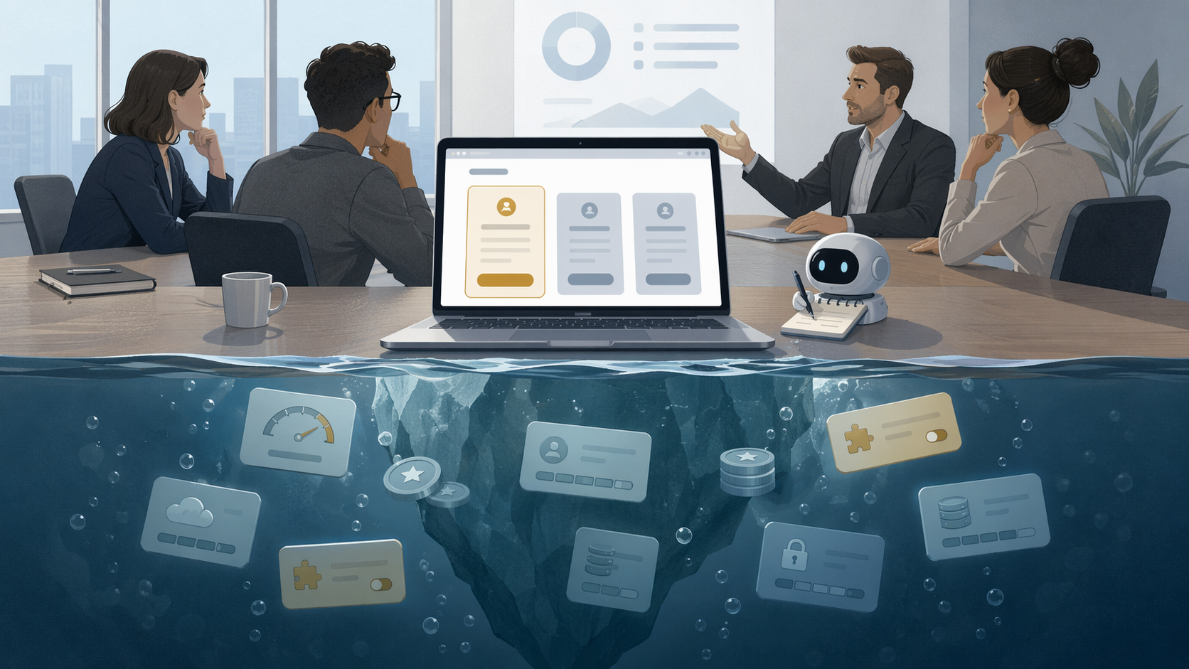 Meeting room illustration with a pricing page, hidden credit counters, and a robotic note-taking icon