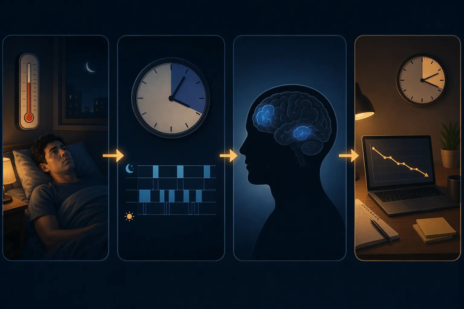 Causal flow from hot bedroom to fragmented sleep to reduced attention and slower desk work