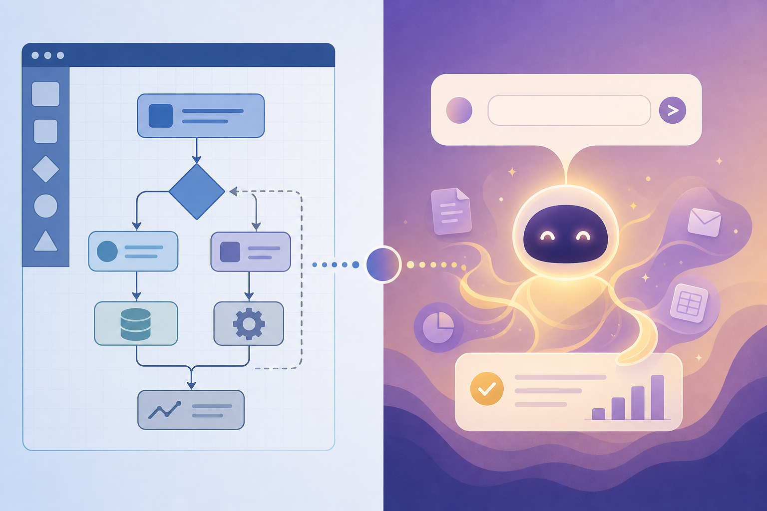 A split-composition flat vector illustration showing two AI automation approaches side by side. Left half: connected geometric nodes and arrows in cool blues and grays representing a traditional workflow builder interface. Right half: a chat-like input box with a glowing organic AI assistant icon in warm purples and golds representing natural-language delegation. A dotted bridge connects the two sides at center.