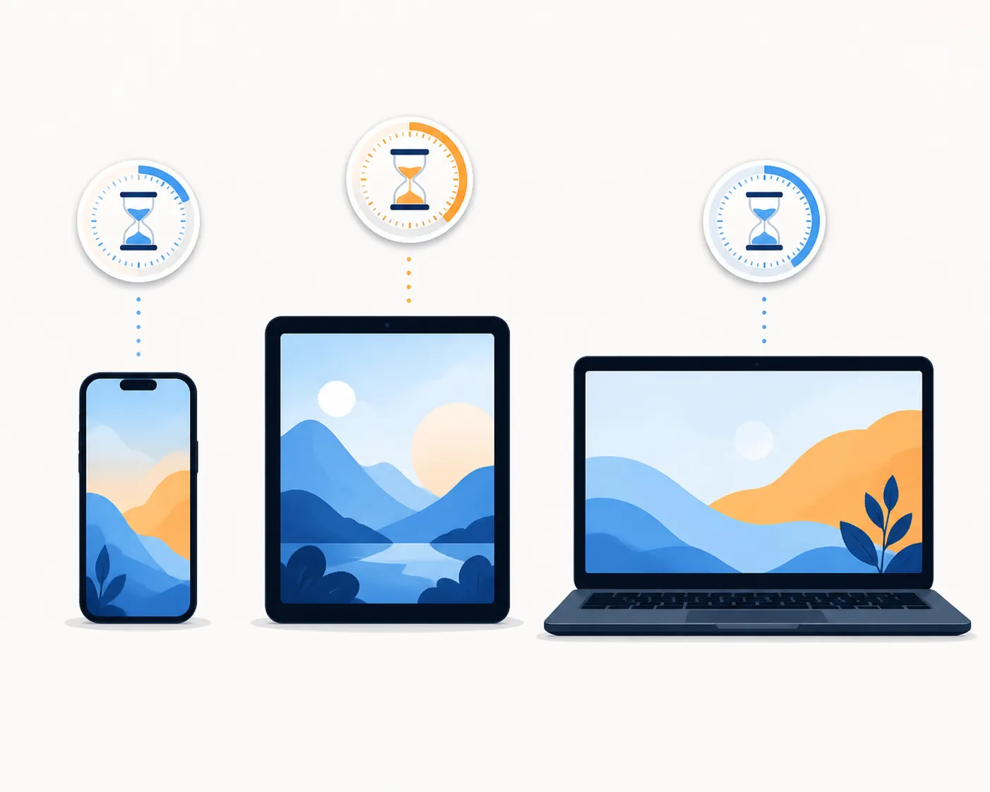 Smartphone, tablet, and laptop shown with separate timers